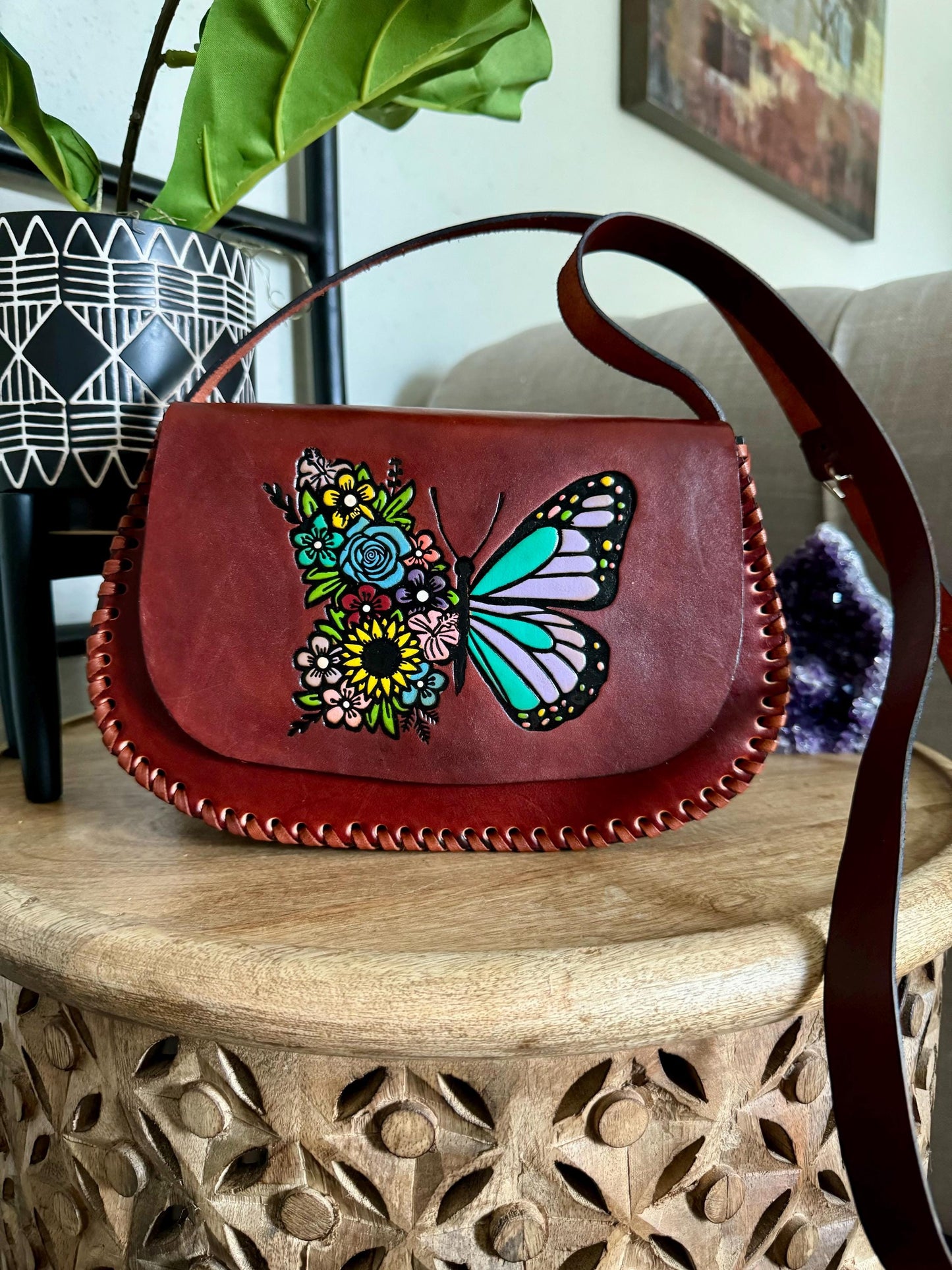 Leather Hand-Tooled Embossed Mexican Floral Handbag, Handmade Butterfly Sunflower Motif Purse, Artesanal Bag