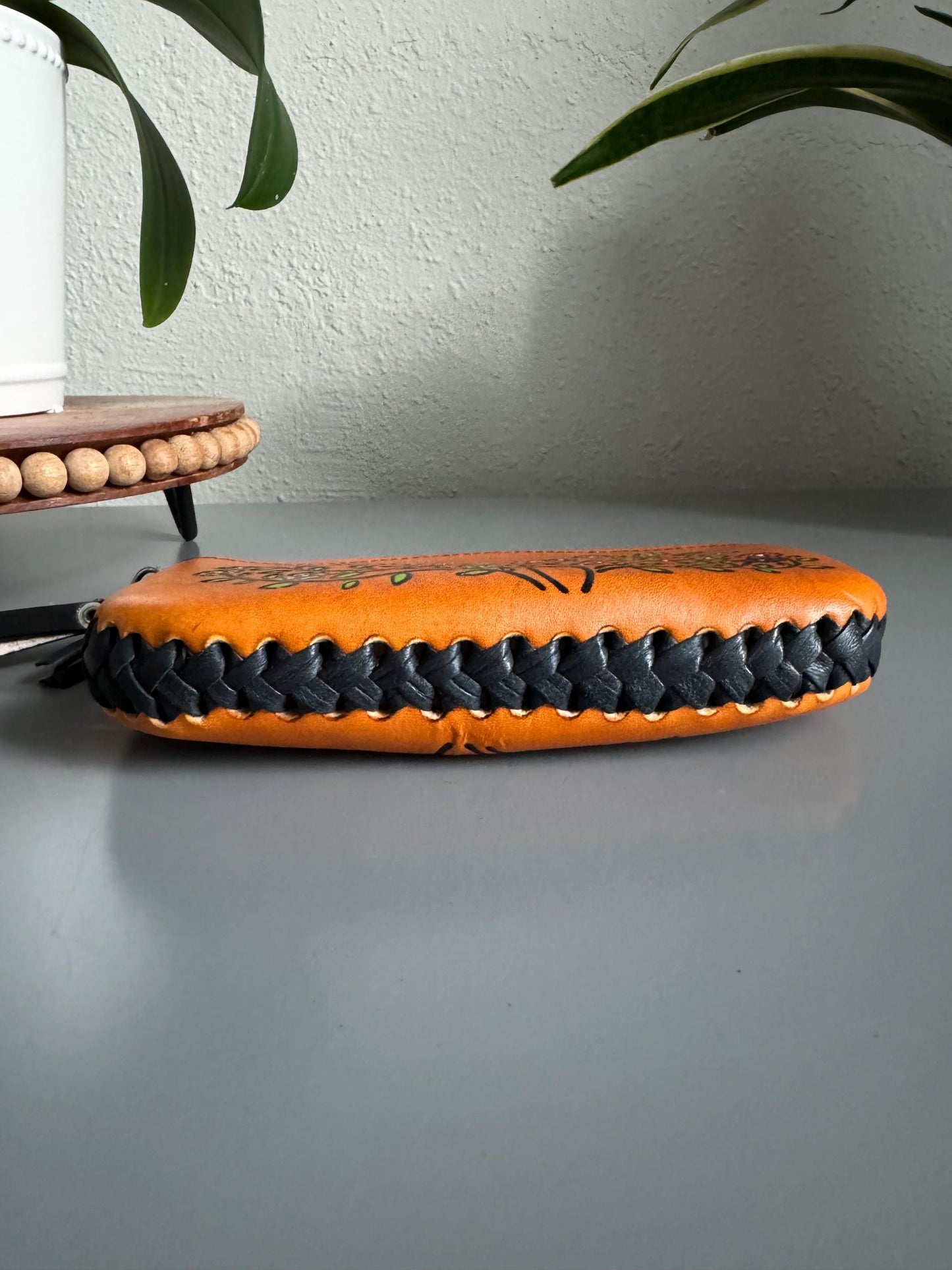 Hand-Tooled Embossed Leather Floral Wristlet, Genuine Mexican Leather Bag