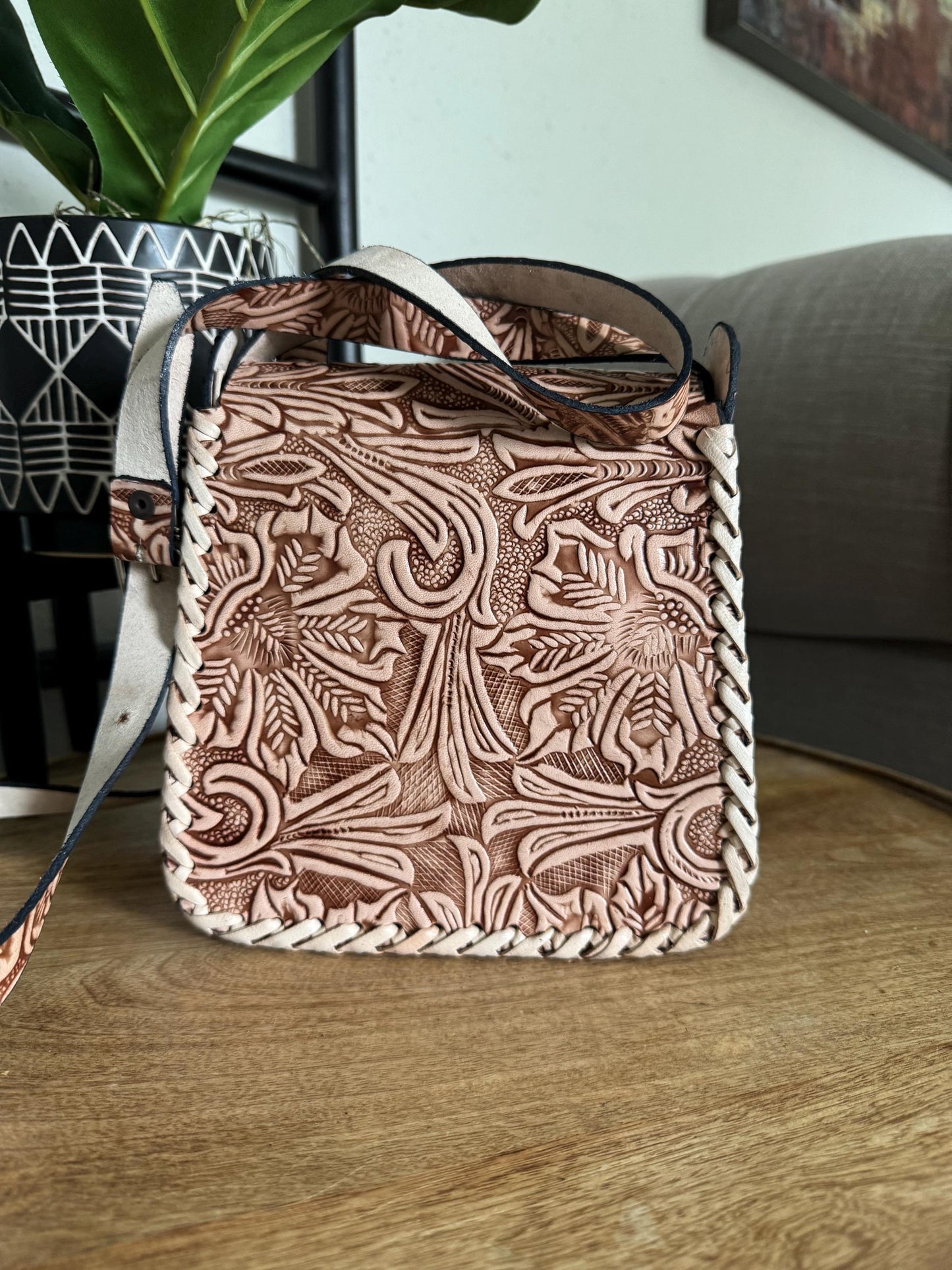 Leather Hand-Tooled Embossed Mexican Floral Purse, Handmade Women's Handbag, Artesanal