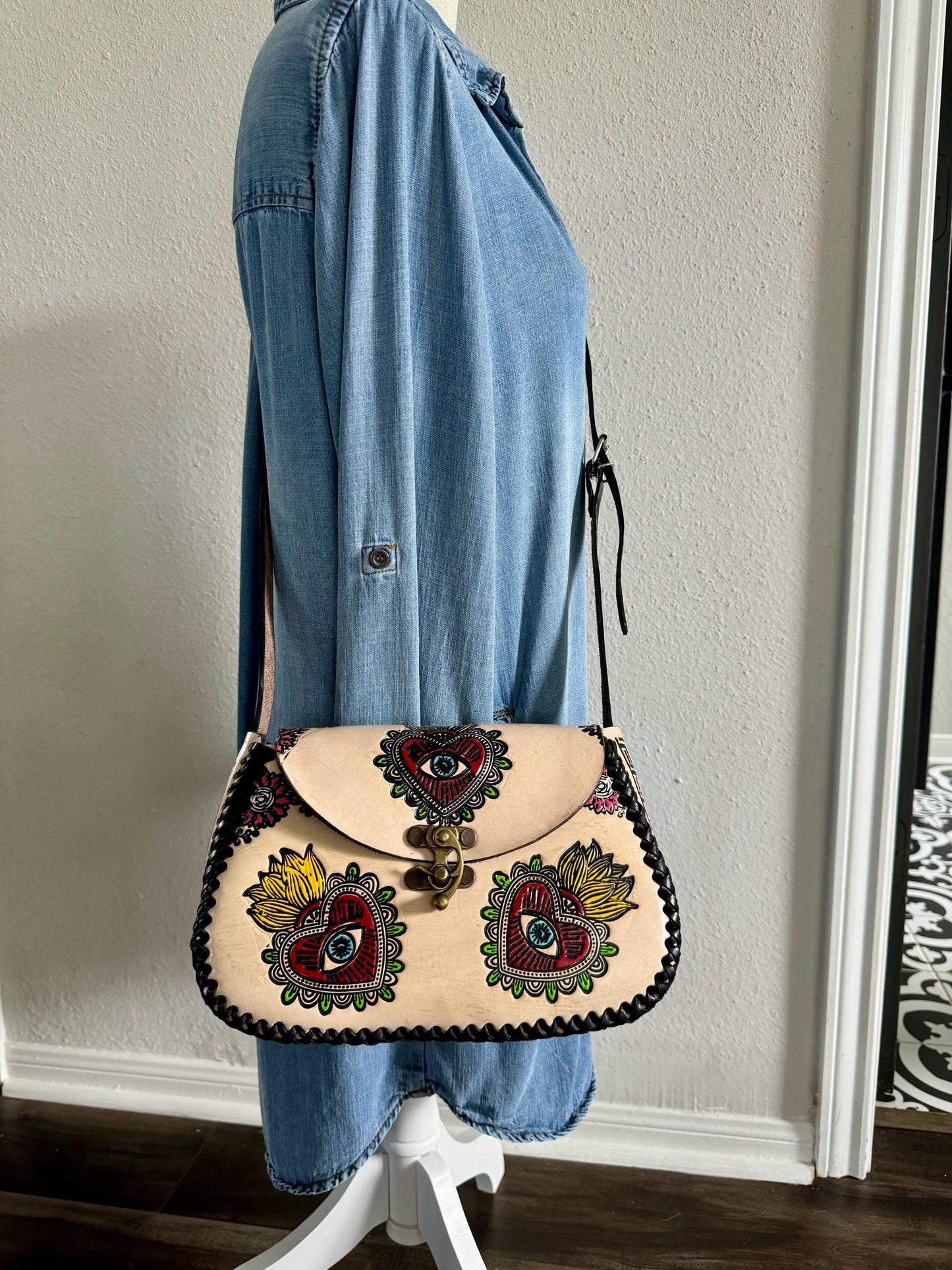 Structured Hand Tooled Leather Crossbody – Floral Evil Eye Mexican Artisan Purse – Double Sided Genuine Leather Bag