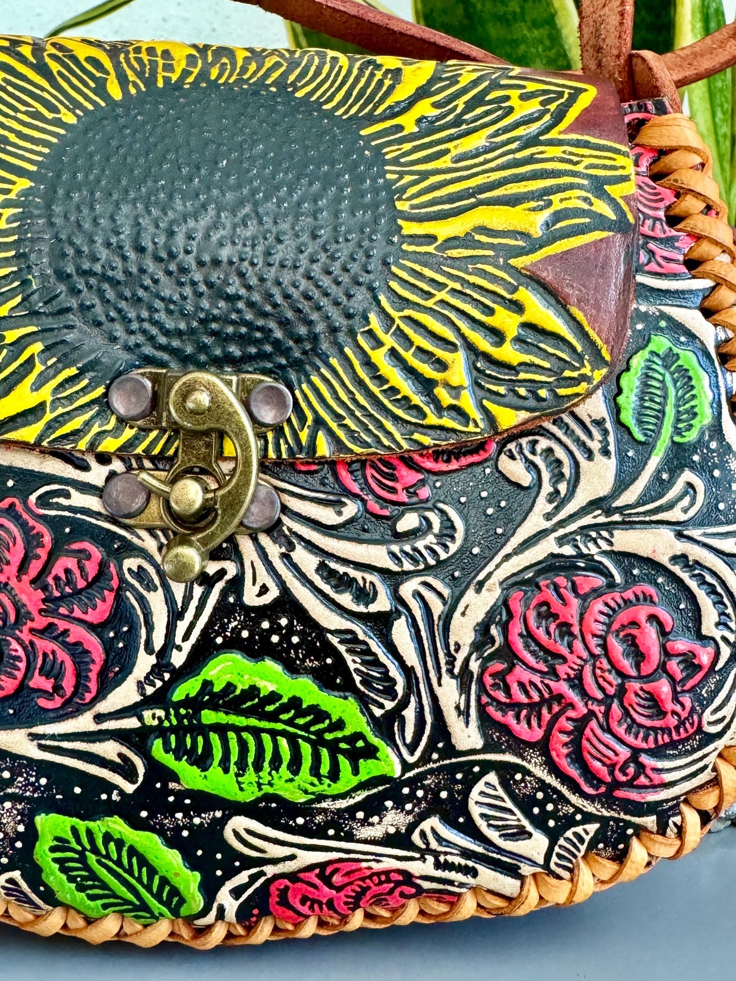 Hand-Tooled Embossed Leather Floral Purse: Mexican Sunflower Handbag
