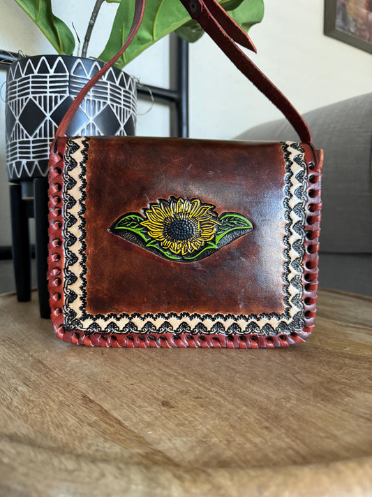 Leather Hand-Tooled Embossed Mexican Floral Handbag, Handmade Sunflower Purse, Artesanal Bag