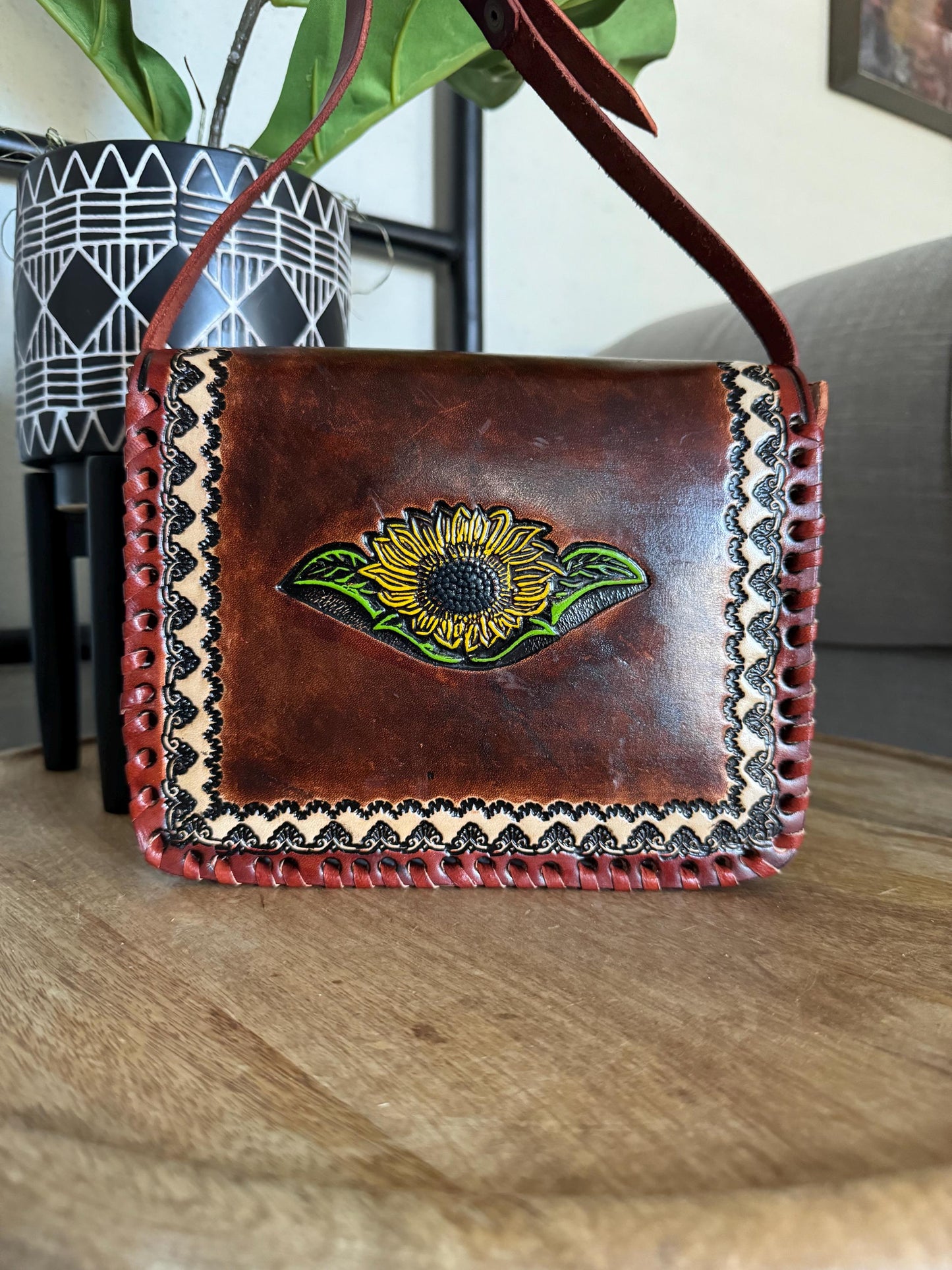 Leather Hand-Tooled Embossed Mexican Floral Handbag, Handmade Sunflower Purse, Artesanal Bag