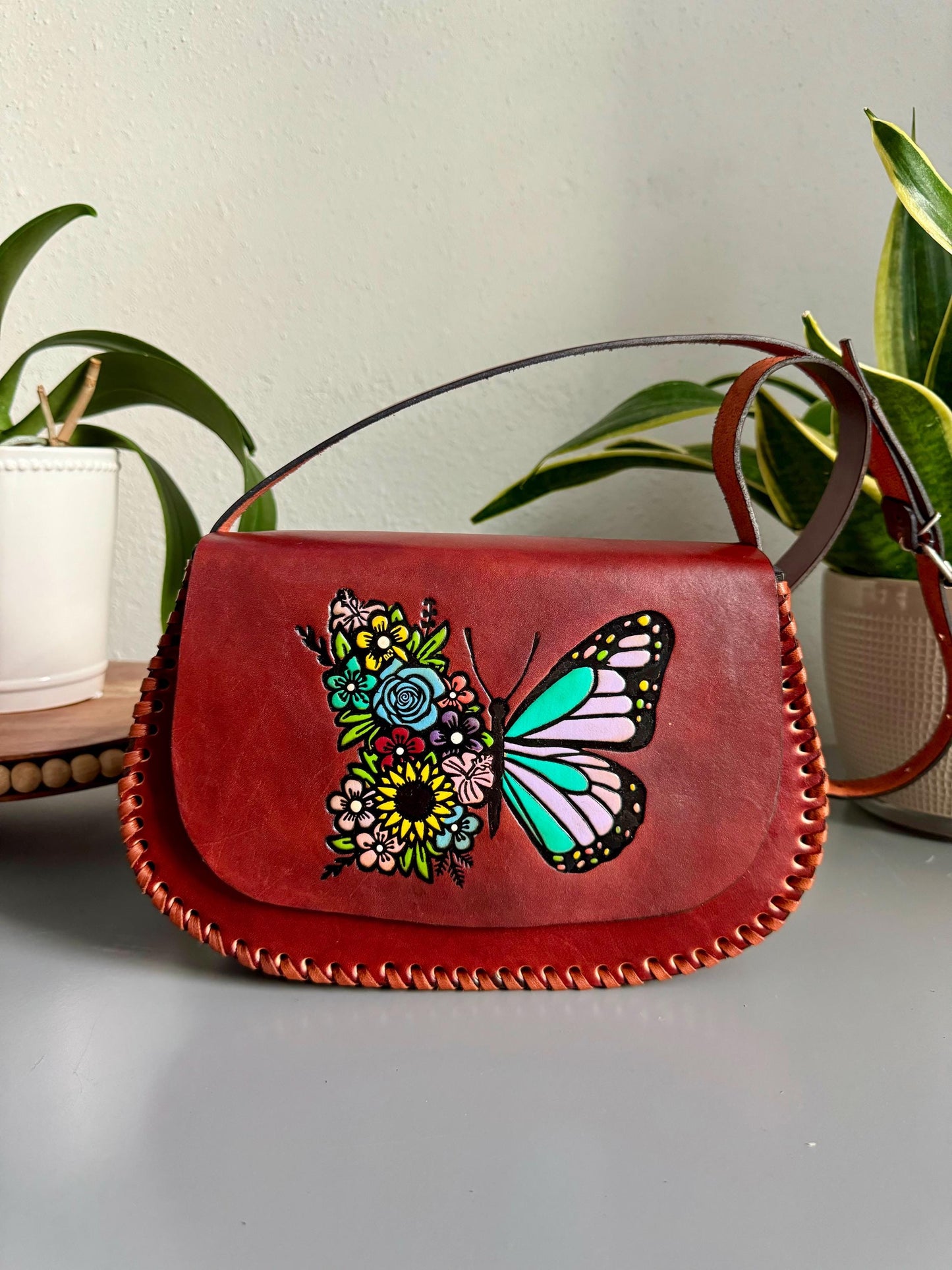 Leather Hand-Tooled Embossed Mexican Floral Handbag, Handmade Butterfly Sunflower Motif Purse, Artesanal Bag