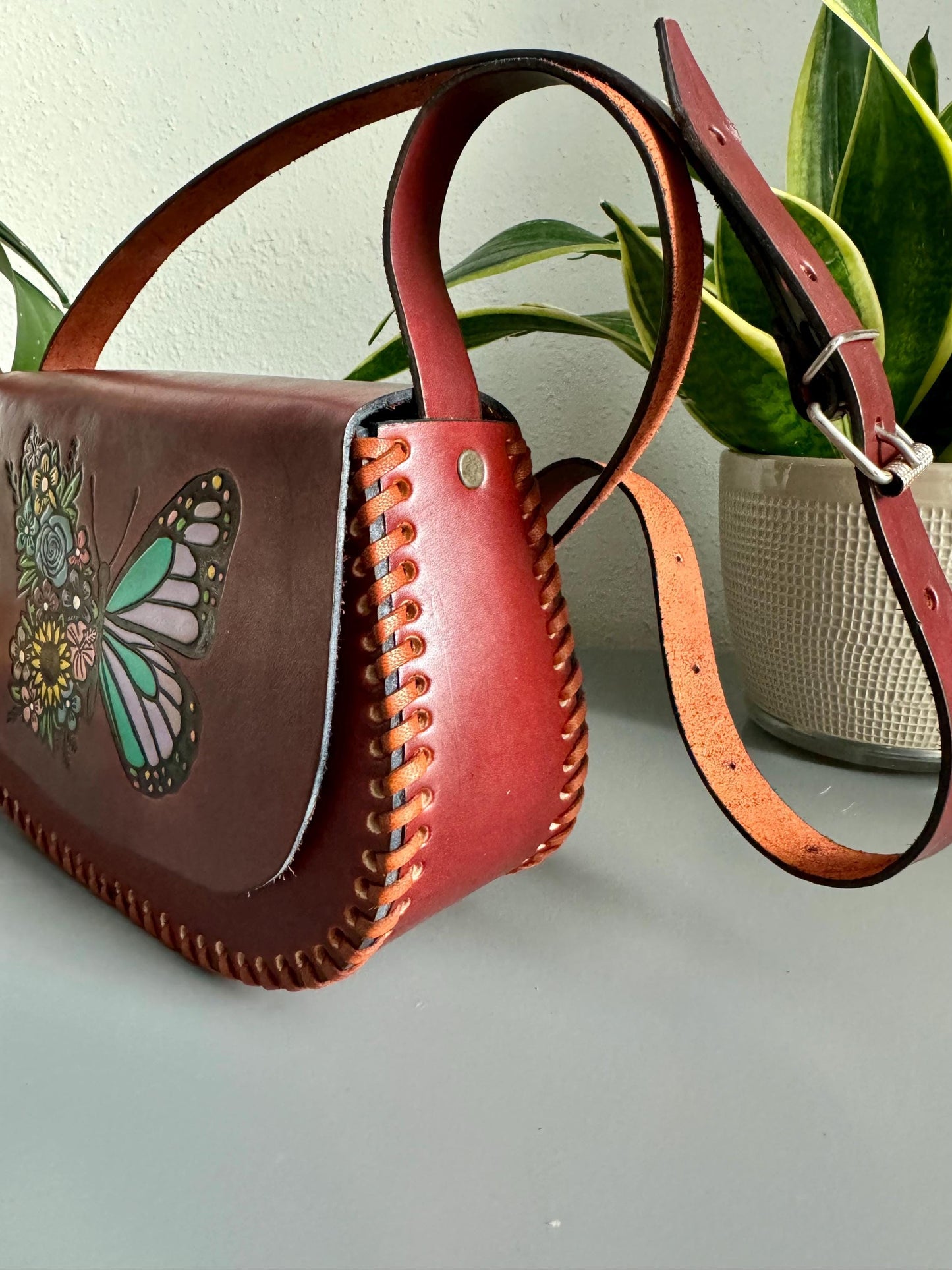 Leather Hand-Tooled Embossed Mexican Floral Handbag, Handmade Butterfly Sunflower Motif Purse, Artesanal Bag