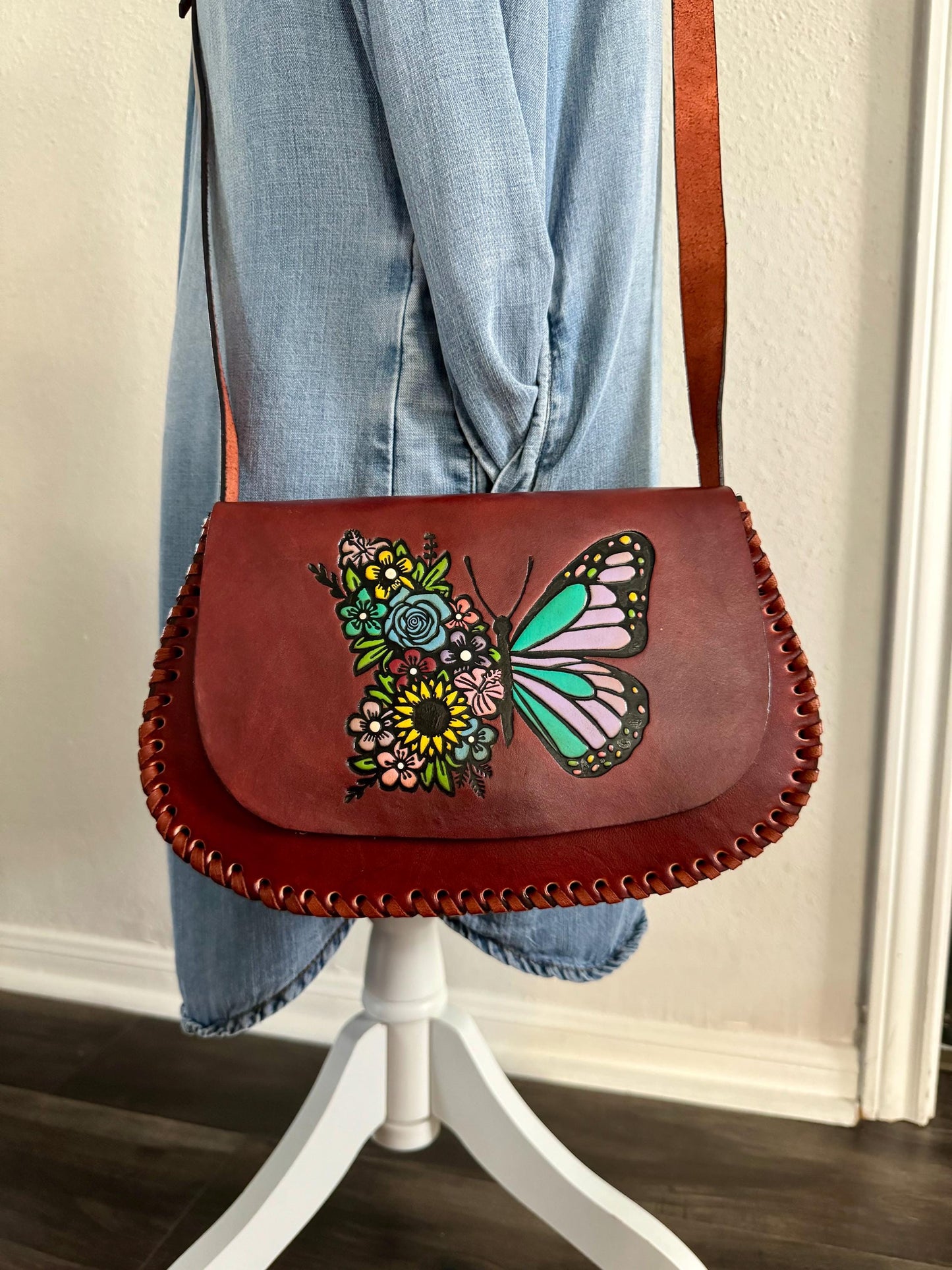 Leather Hand-Tooled Embossed Mexican Floral Handbag, Handmade Butterfly Sunflower Motif Purse, Artesanal Bag