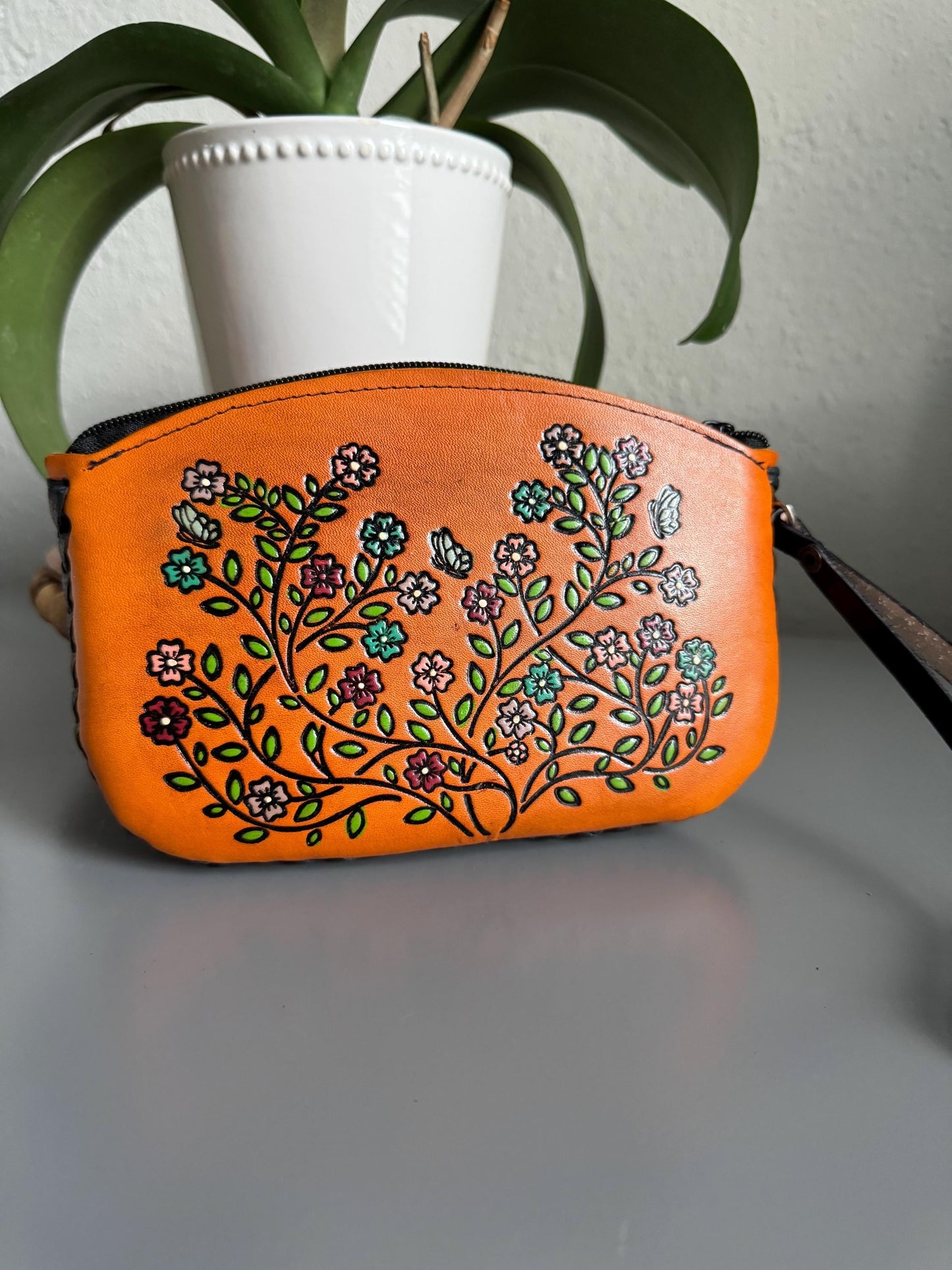 Hand-Tooled Embossed Leather Floral Wristlet, Genuine Mexican Leather Bag