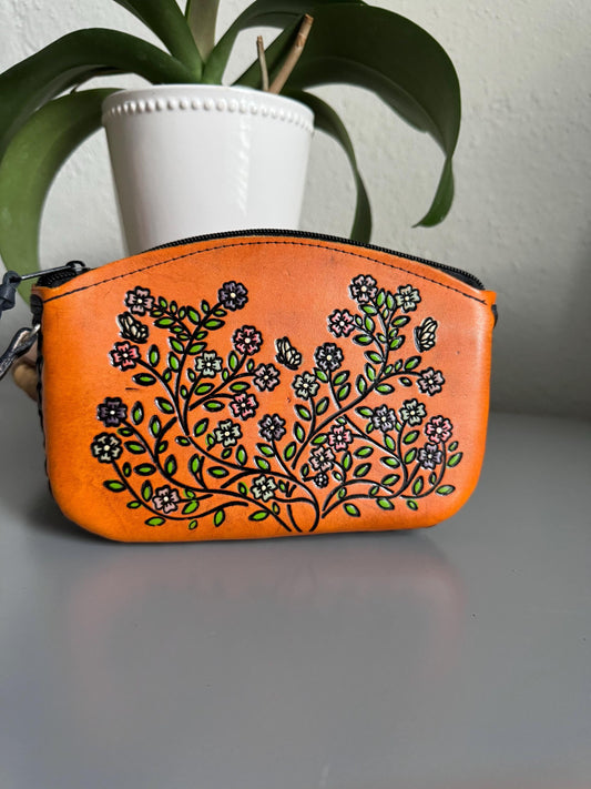 Hand-Tooled Embossed Leather Floral Wristlet, Genuine Mexican Leather Bag