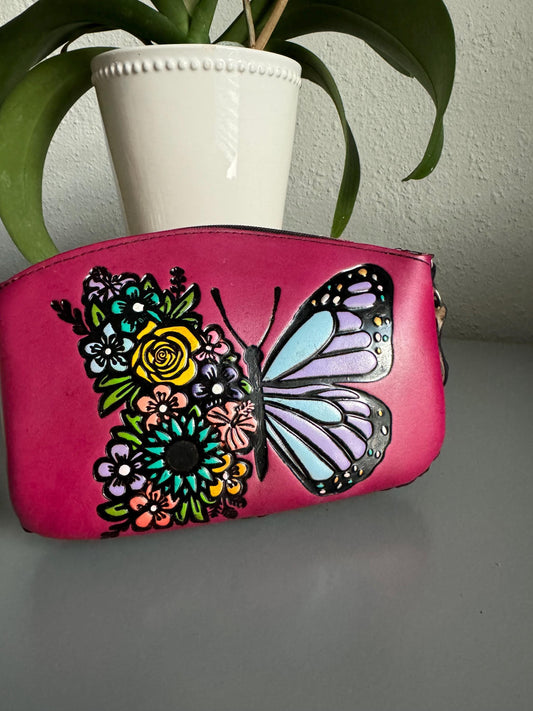 Hand-Tooled Leather Wristlet: Embossed Floral Butterfly, Mexican Cincelada Art