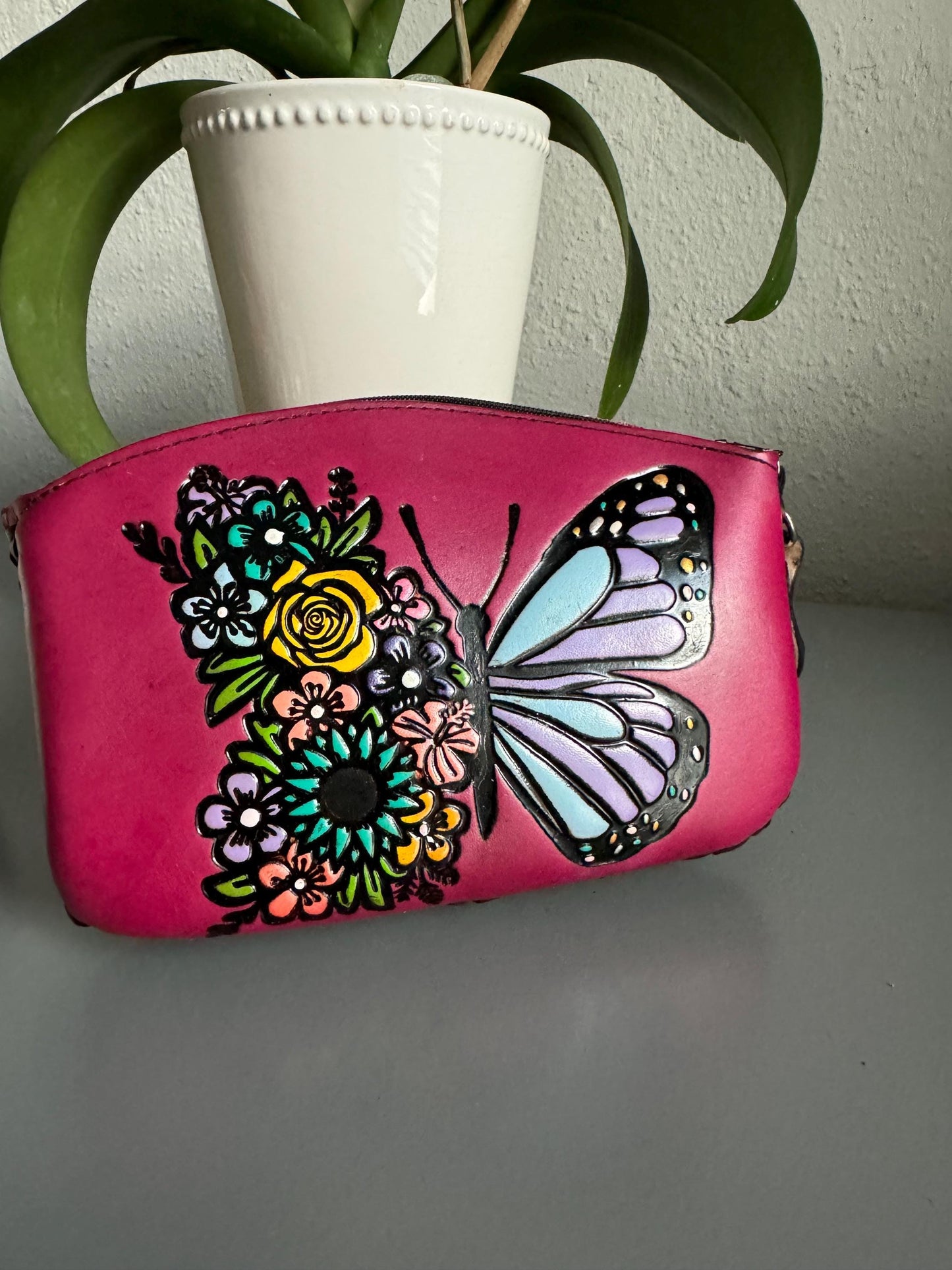 Hand-Tooled Leather Wristlet: Embossed Floral Butterfly, Mexican Cincelada Art