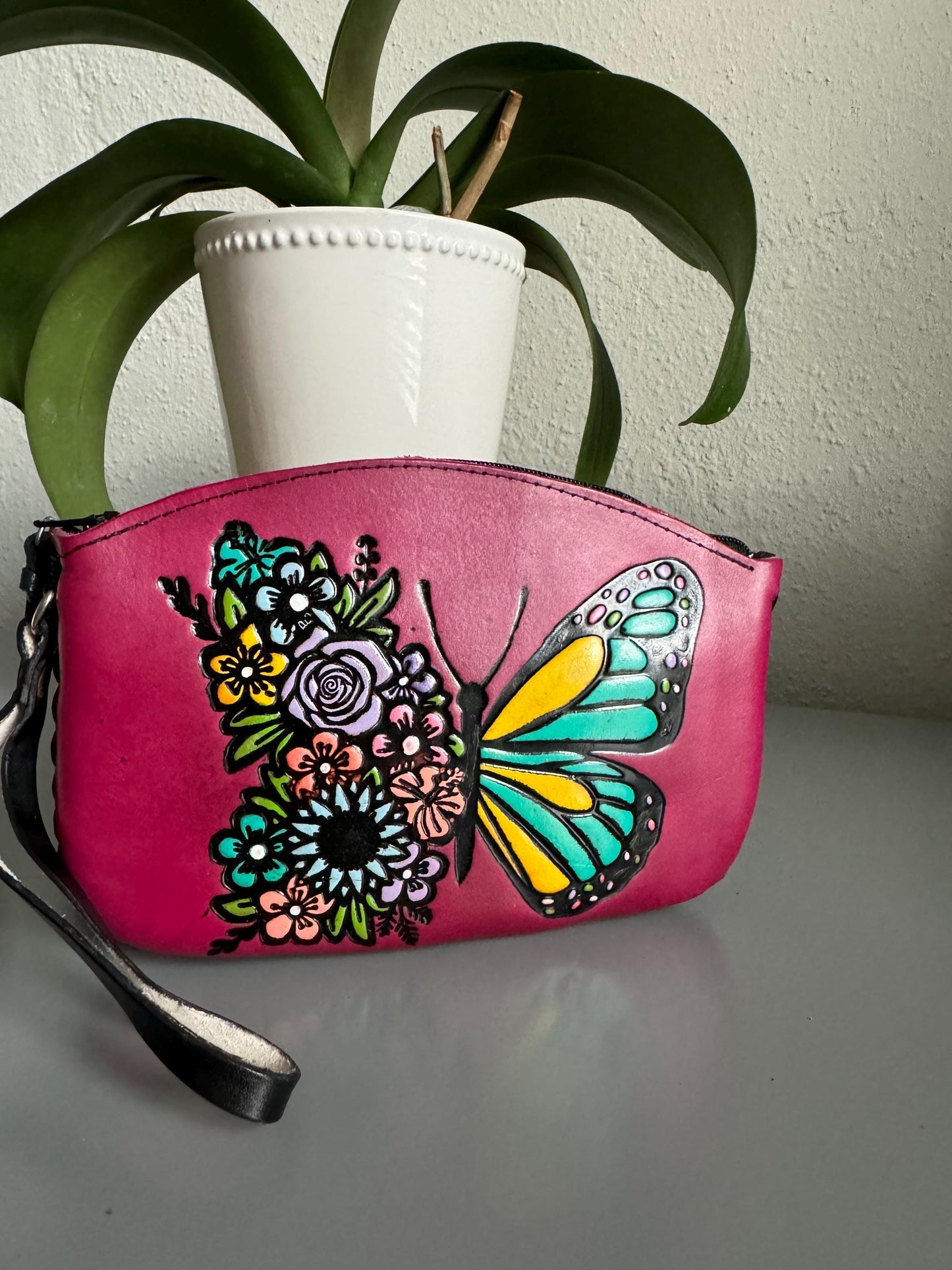 Hand-Tooled Leather Wristlet: Embossed Floral Butterfly, Mexican Cincelada Art