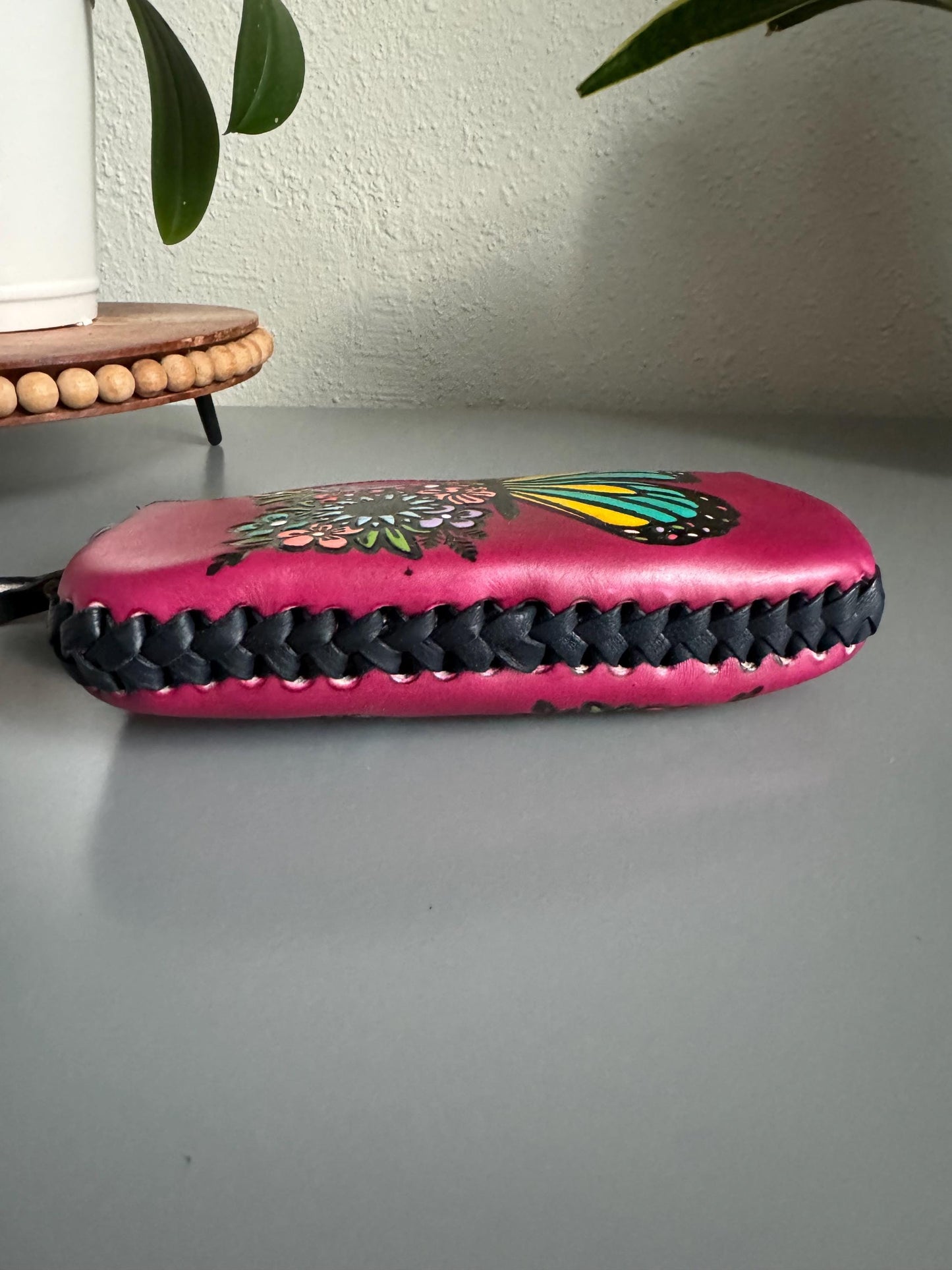 Hand-Tooled Leather Wristlet: Embossed Floral Butterfly, Mexican Cincelada Art