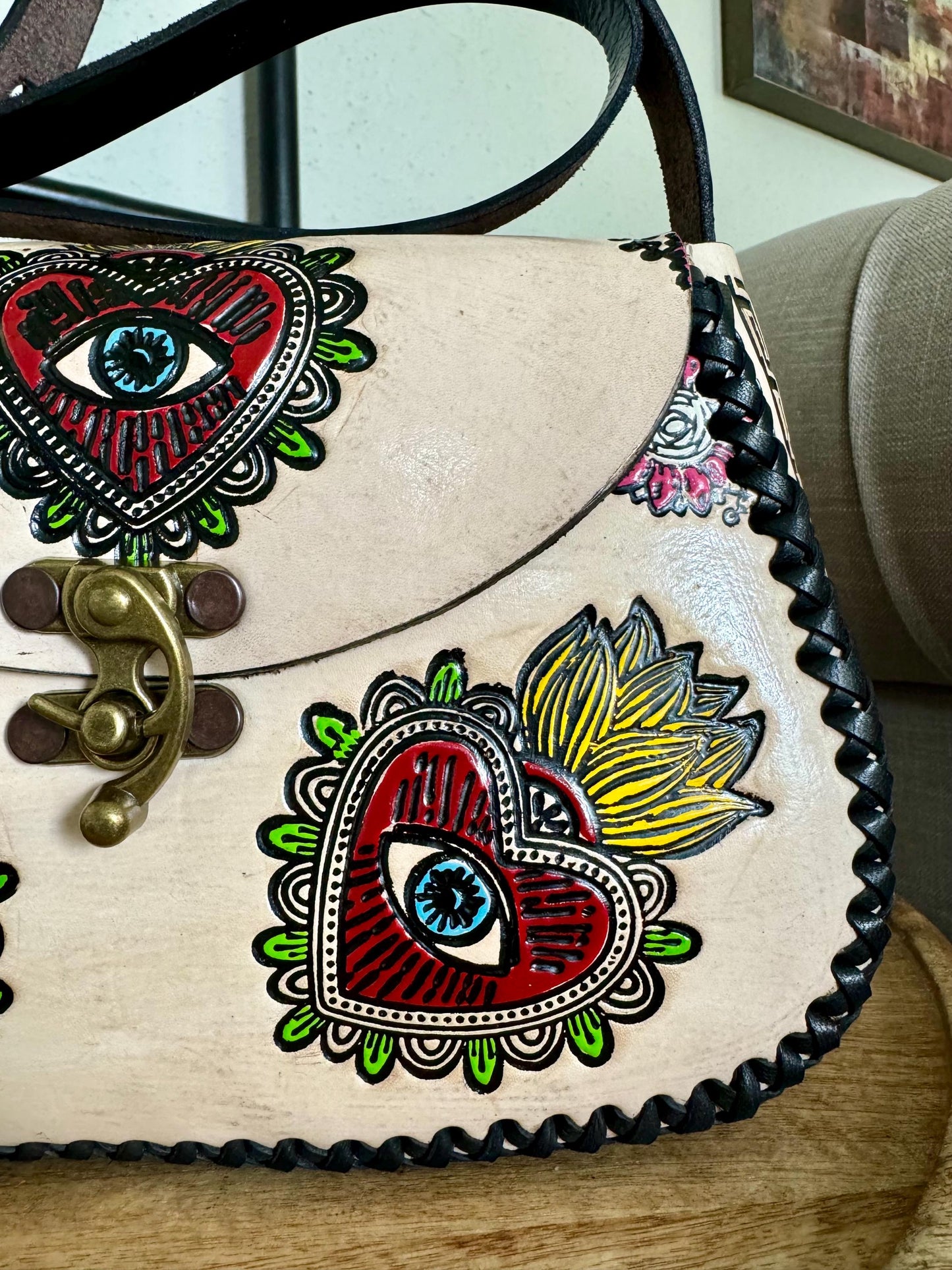 Structured Hand Tooled Leather Crossbody – Floral Evil Eye Mexican Artisan Purse – Double Sided Genuine Leather Bag