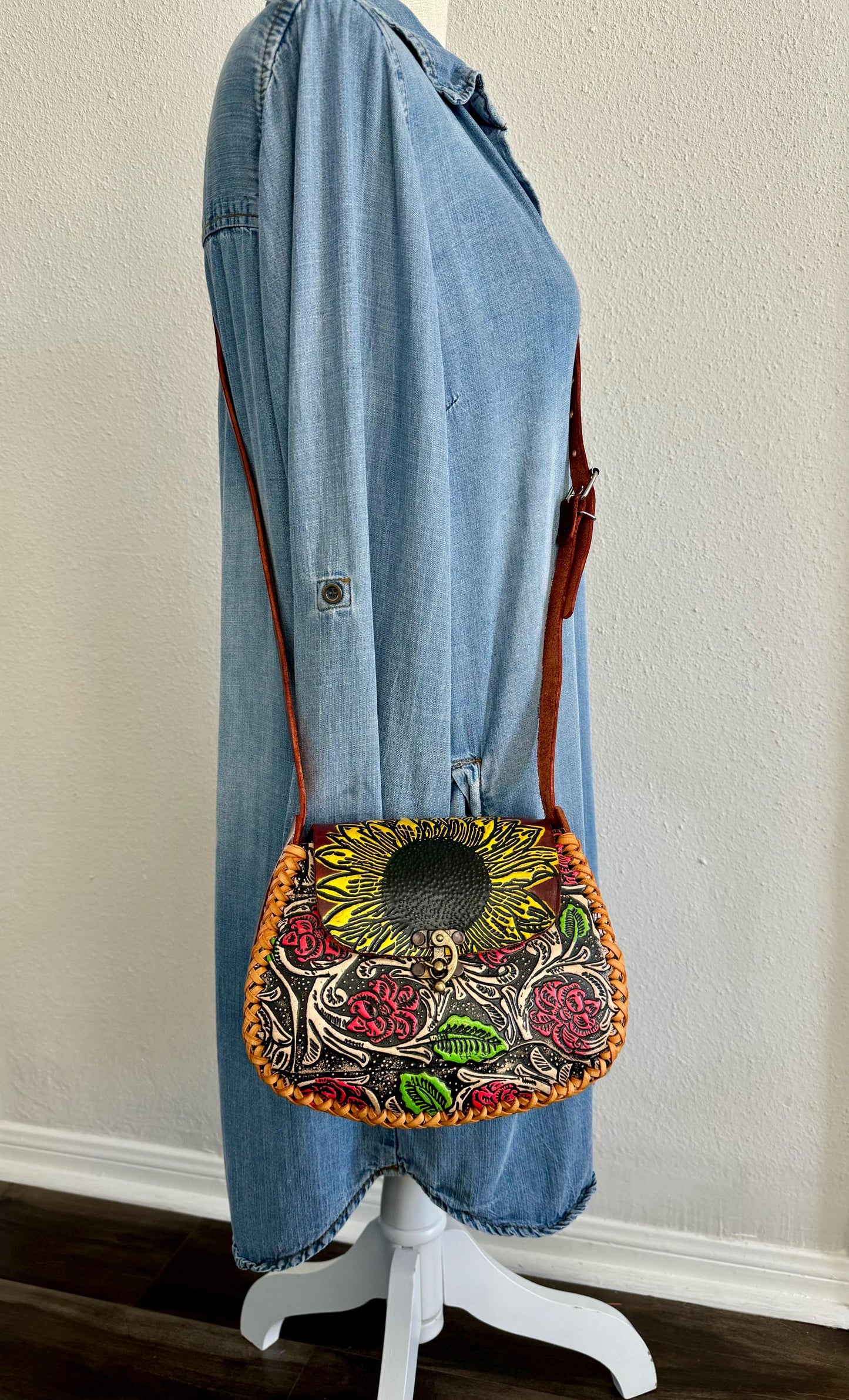Hand-Tooled Embossed Leather Floral Purse: Mexican Sunflower Handbag