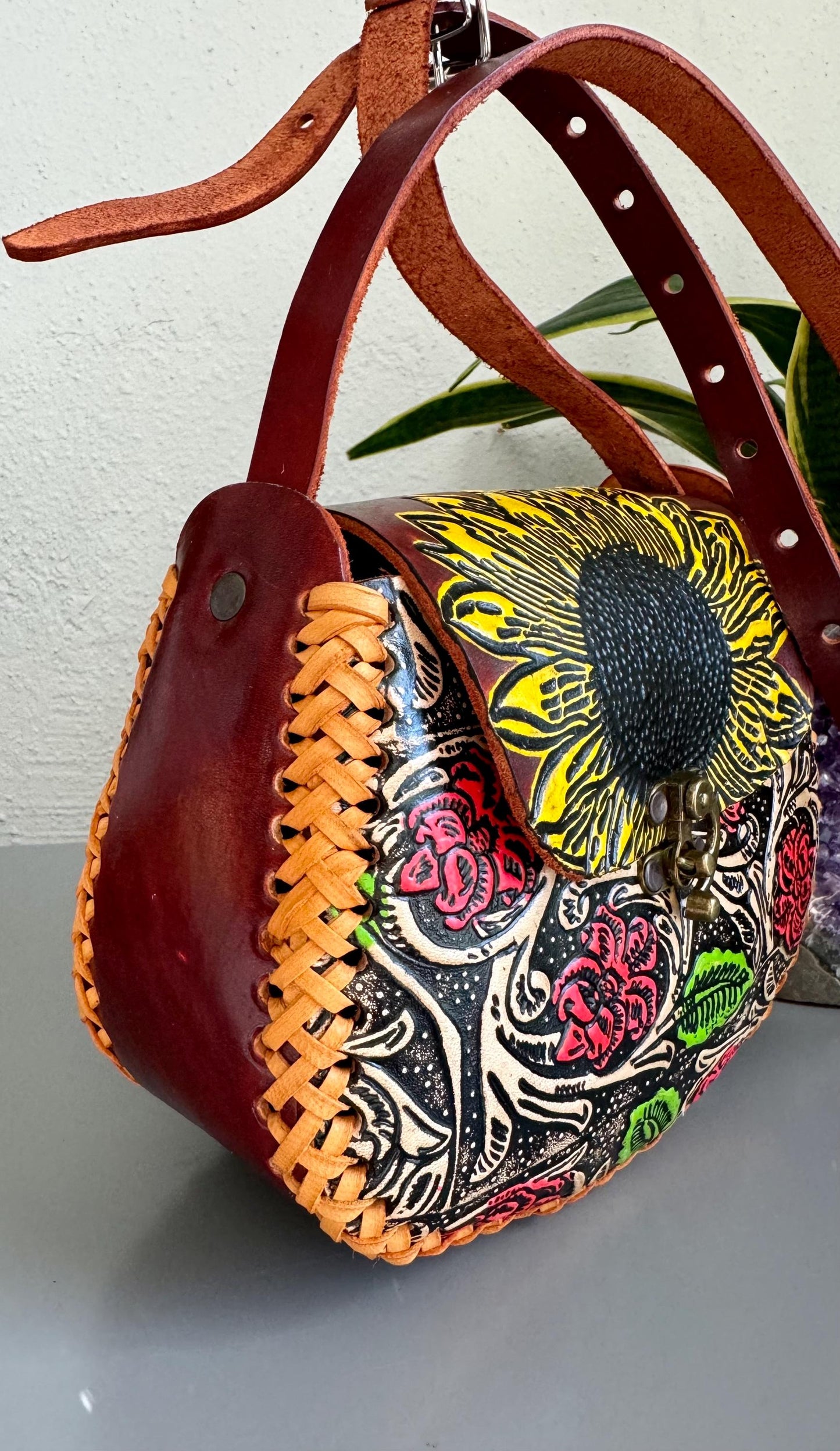 Hand-Tooled Embossed Leather Floral Purse: Mexican Sunflower Handbag