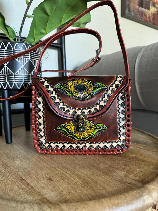 Leather Hand-Tooled Embossed Mexican Floral Handbag, Handmade Sunflower Purse, Artesanal Bag