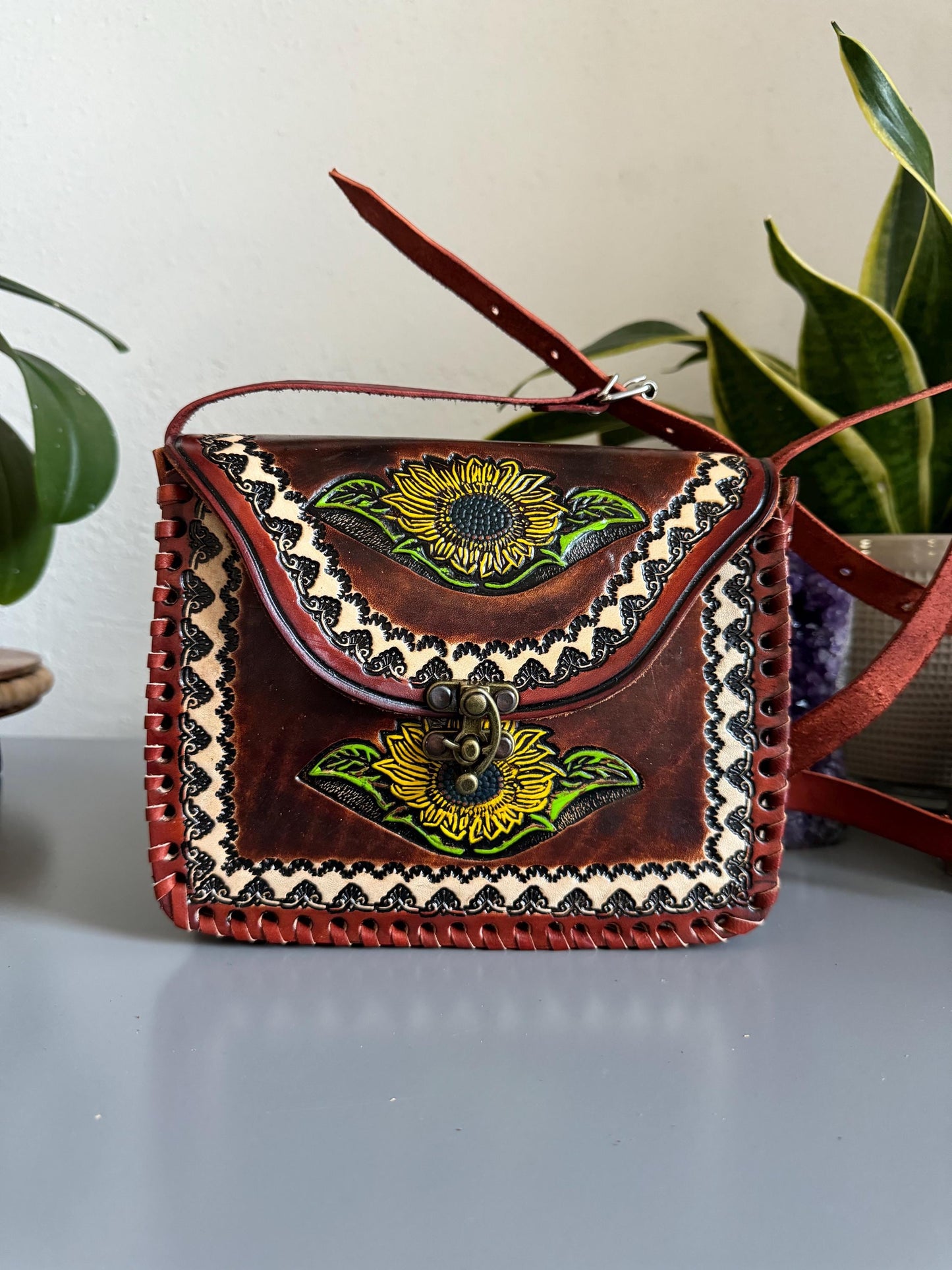 Leather Hand-Tooled Embossed Mexican Floral Handbag, Handmade Sunflower Purse, Artesanal Bag