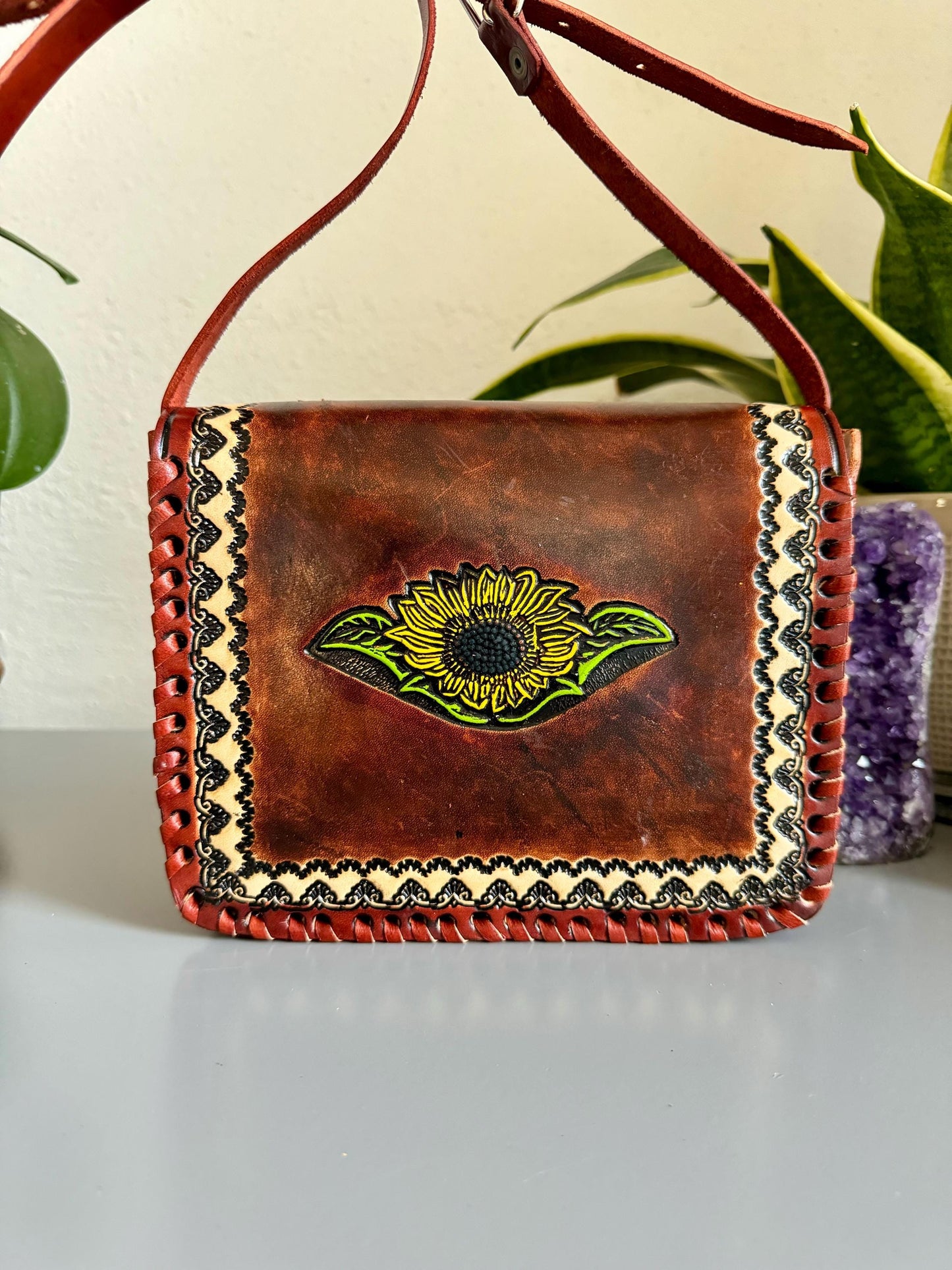 Leather Hand-Tooled Embossed Mexican Floral Handbag, Handmade Sunflower Purse, Artesanal Bag