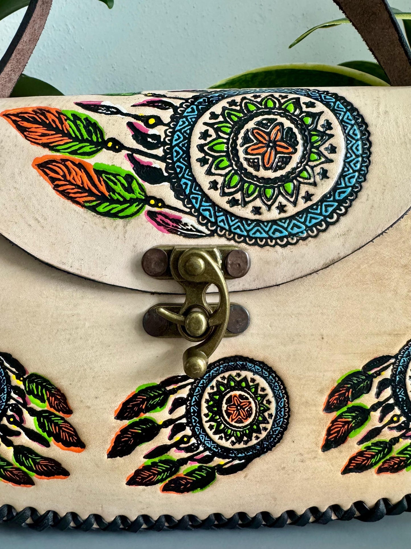 Leather Hand-Tooled Embossed Mexican Dreamcatcher Handbag / Handmade Artisan Purse/ Artesanal Bag