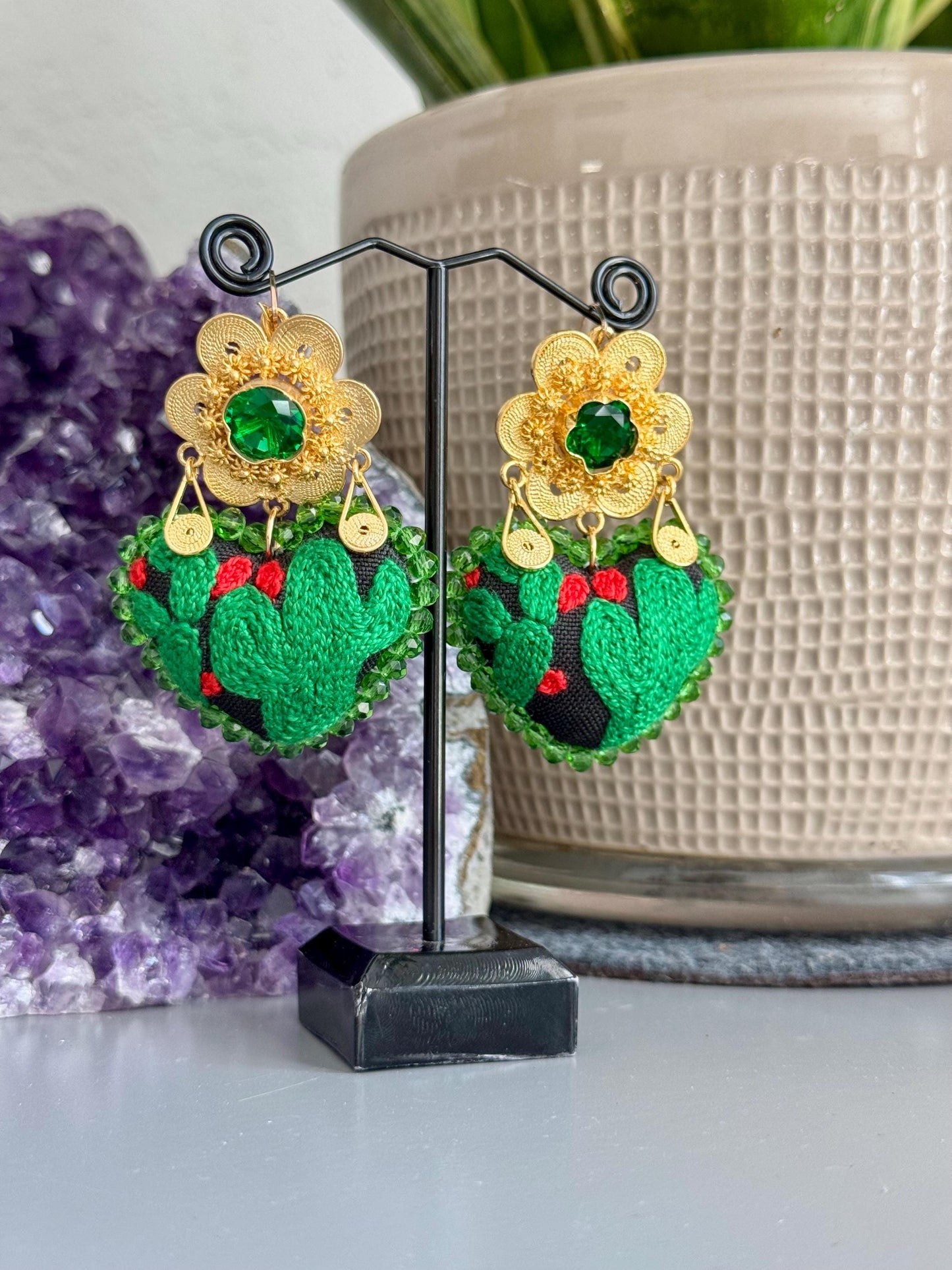Embroidered Heart Earrings, Traditional Mexican Earrings, Cactus Earrings, Artesania Mexicana