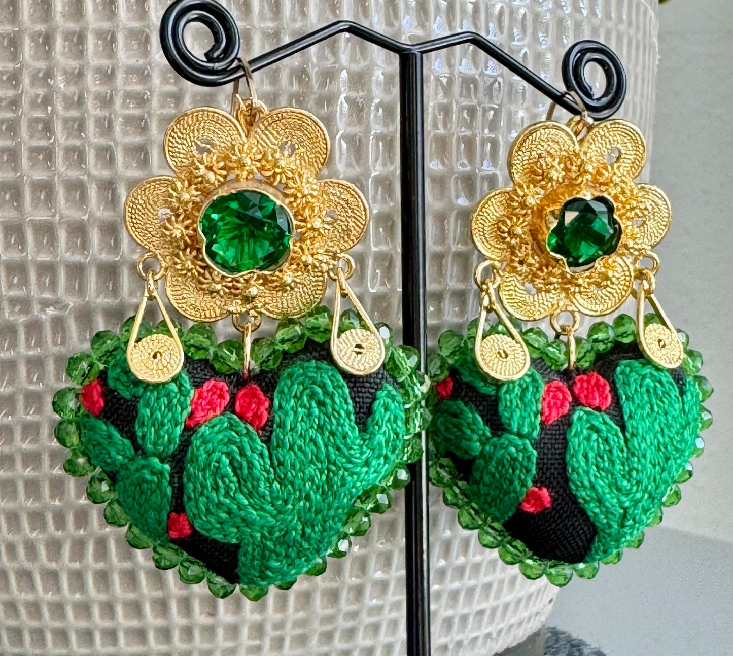 Embroidered Heart Earrings, Traditional Mexican Earrings, Cactus Earrings, Artesania Mexicana