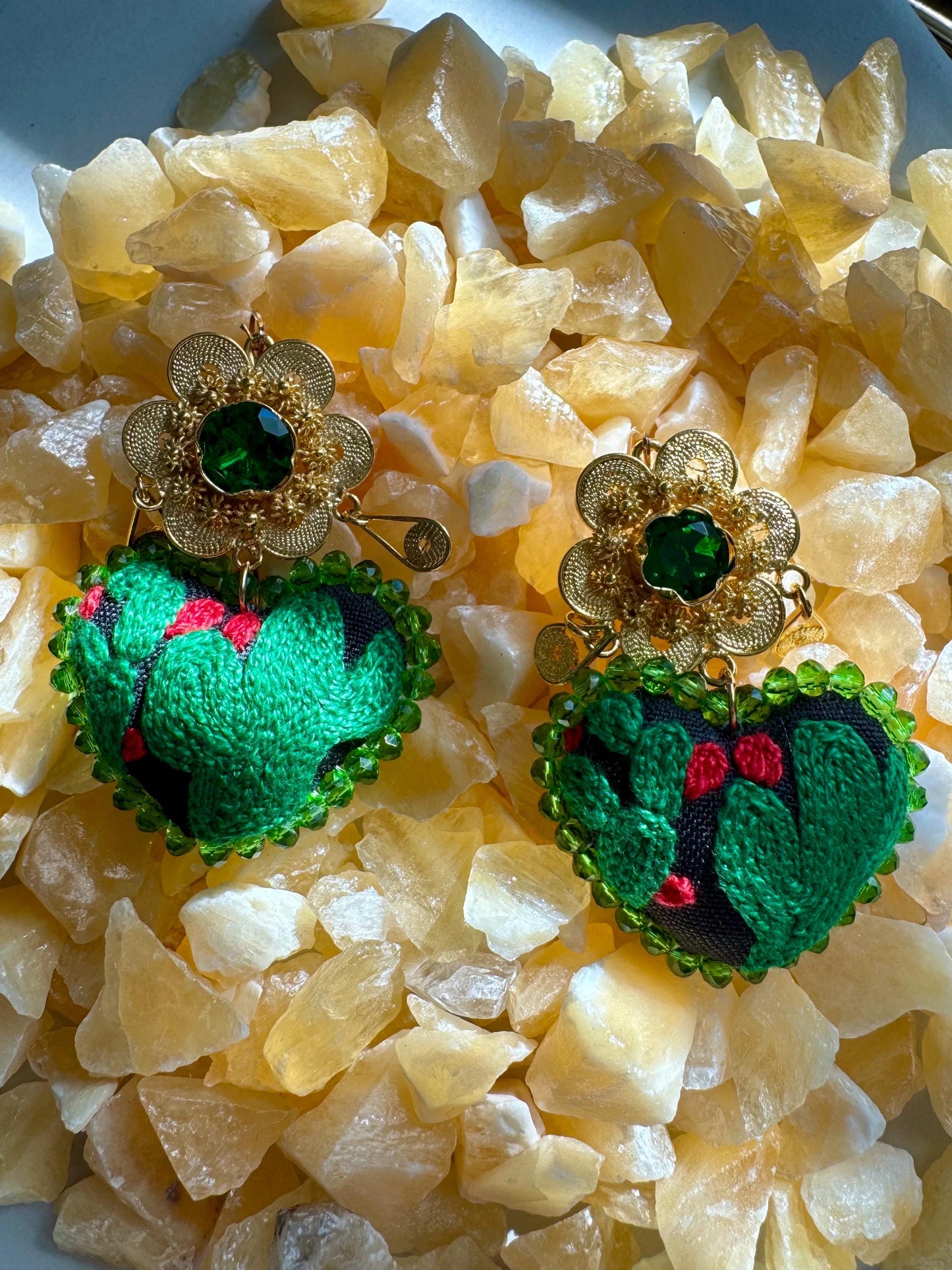 Embroidered Heart Earrings, Traditional Mexican Earrings, Cactus Earrings, Artesania Mexicana