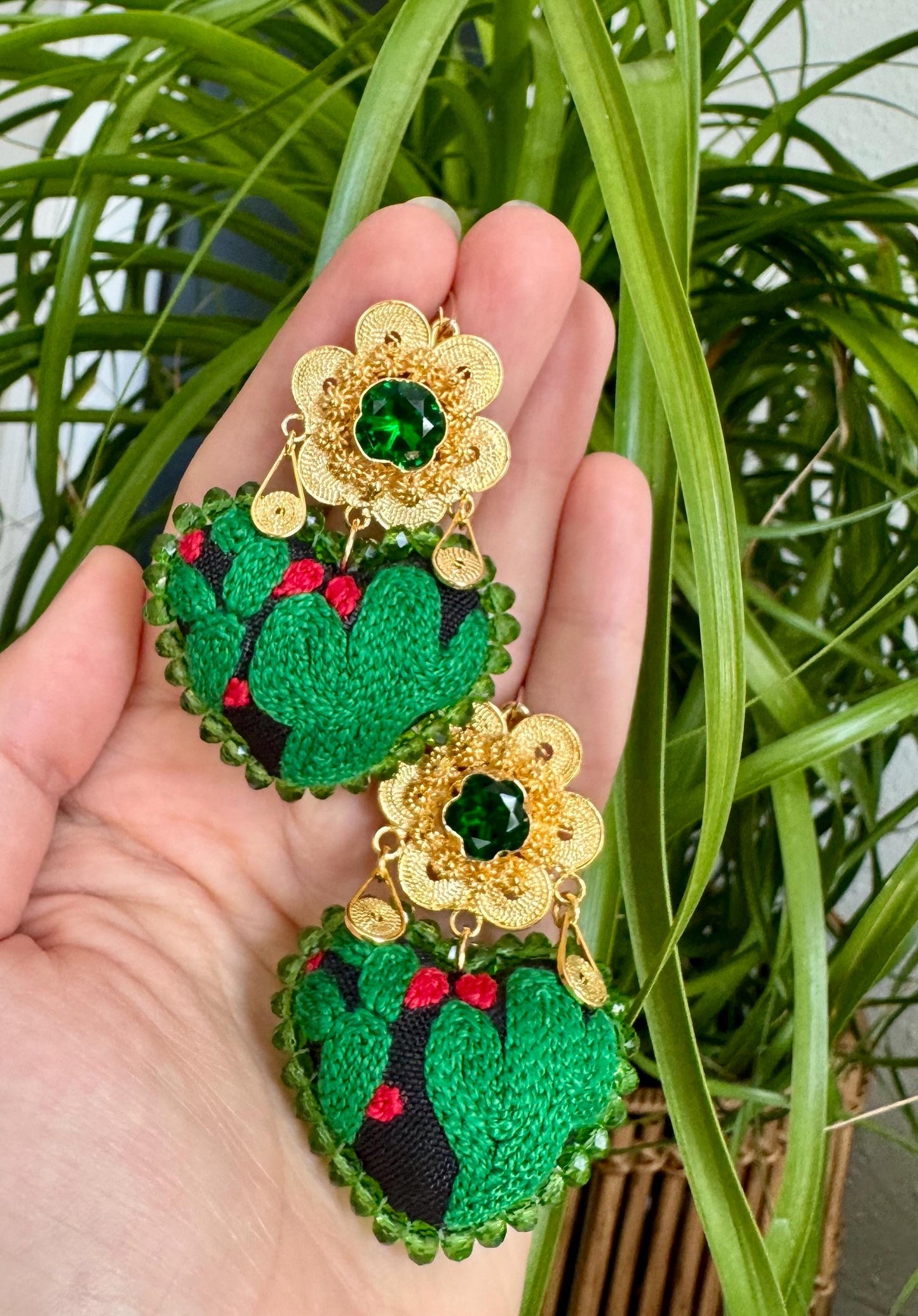 Embroidered Heart Earrings, Traditional Mexican Earrings, Cactus Earrings, Artesania Mexicana