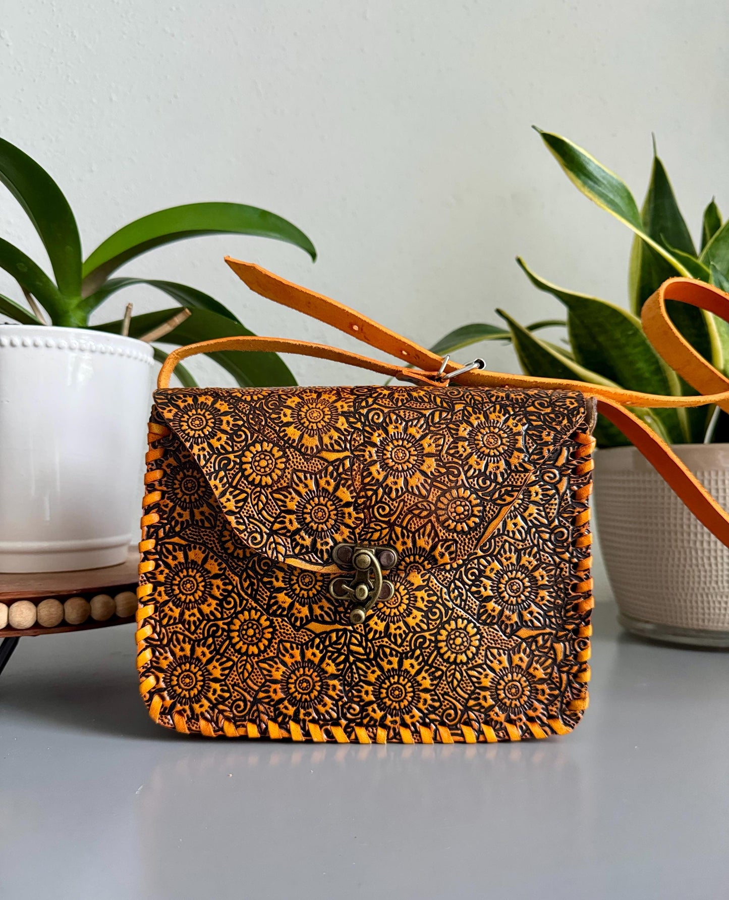 Leather Hand-Tooled Embossed Mexican Floral Handbag, Handmade Sunflower Purse, Orange Passion Flower Artesanal Bag