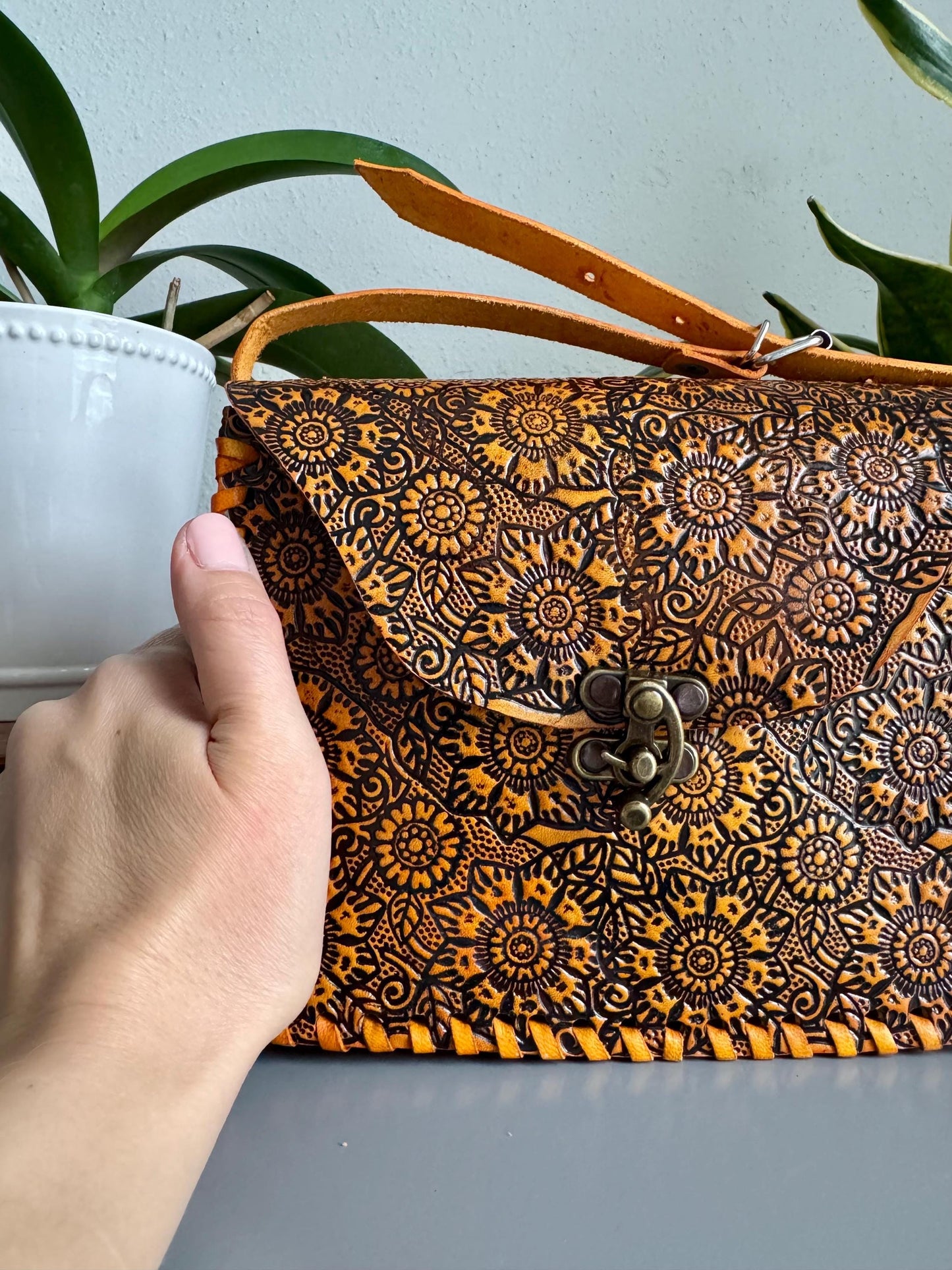 Leather Hand-Tooled Embossed Mexican Floral Handbag, Handmade Sunflower Purse, Orange Passion Flower Artesanal Bag