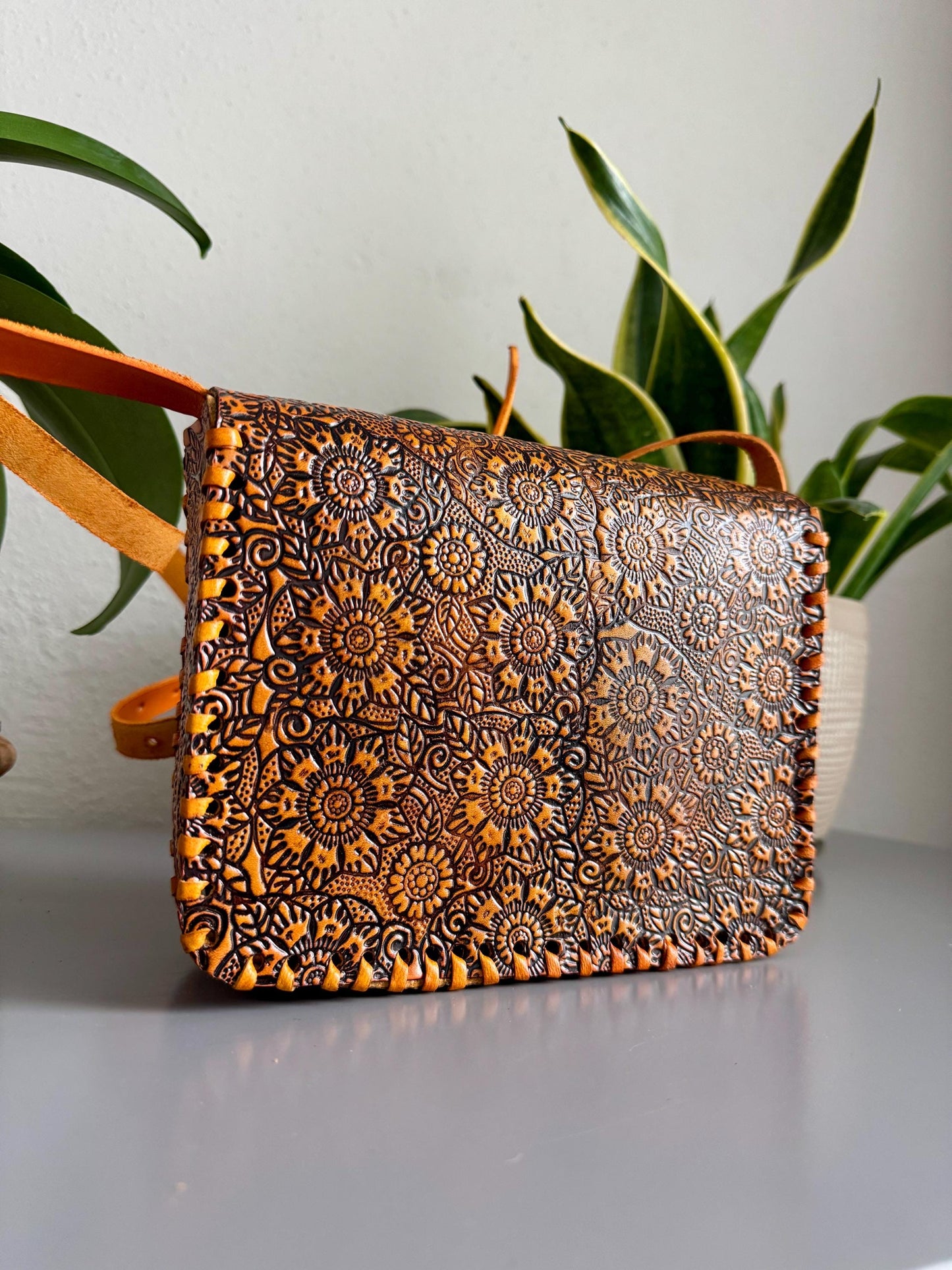 Leather Hand-Tooled Embossed Mexican Floral Handbag, Handmade Sunflower Purse, Orange Passion Flower Artesanal Bag