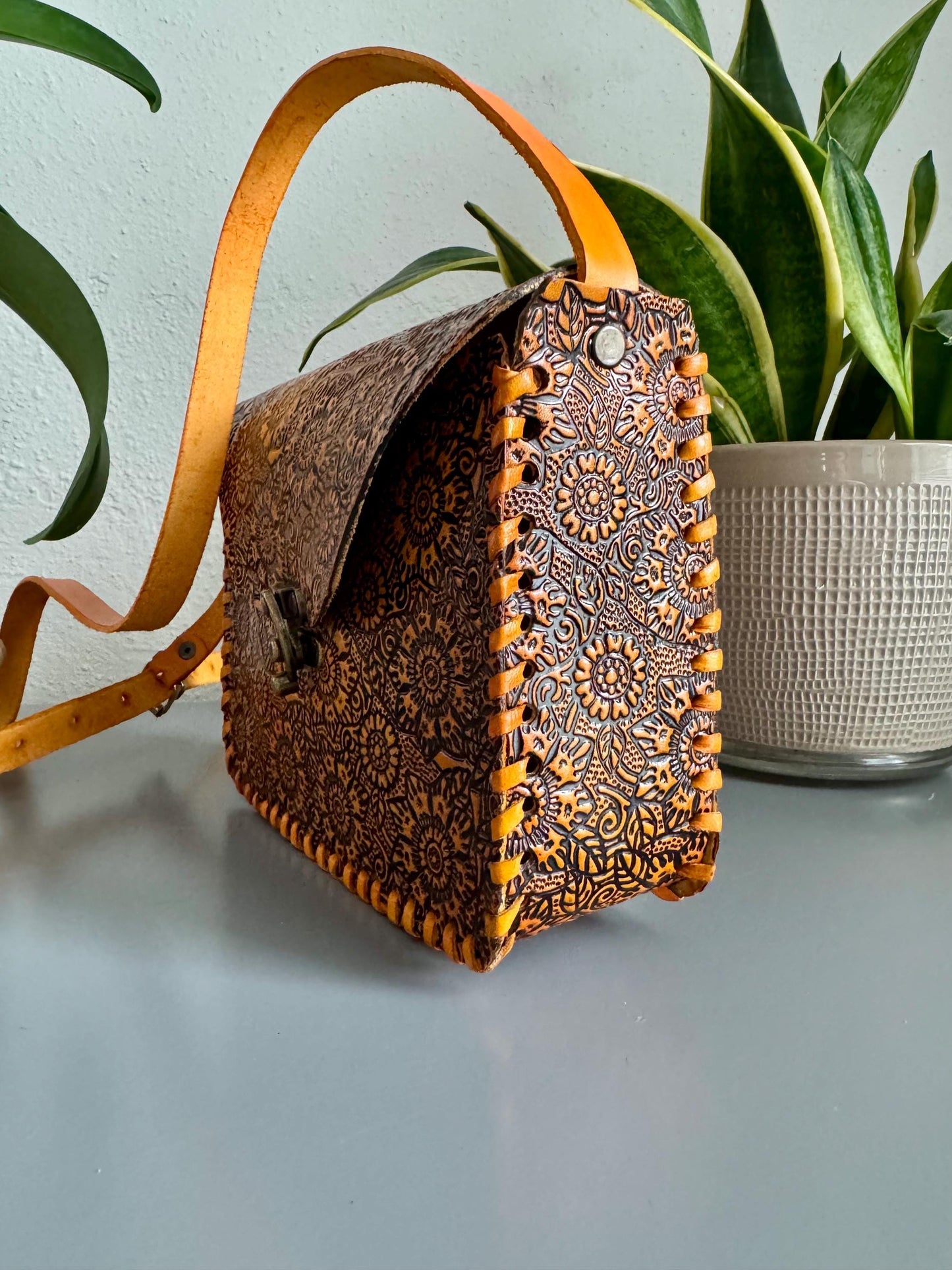 Leather Hand-Tooled Embossed Mexican Floral Handbag, Handmade Sunflower Purse, Orange Passion Flower Artesanal Bag