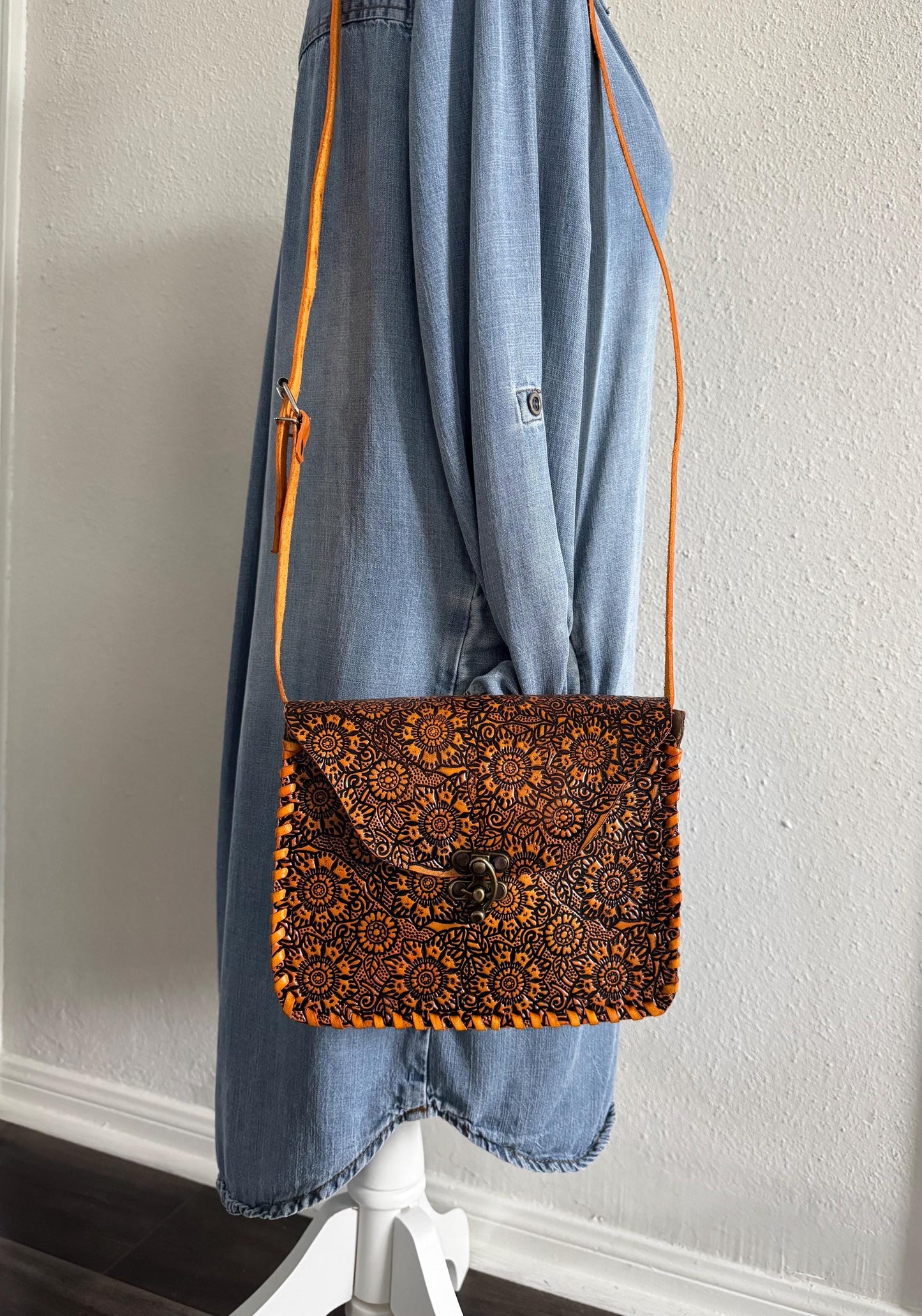 Leather Hand-Tooled Embossed Mexican Floral Handbag, Handmade Sunflower Purse, Orange Passion Flower Artesanal Bag