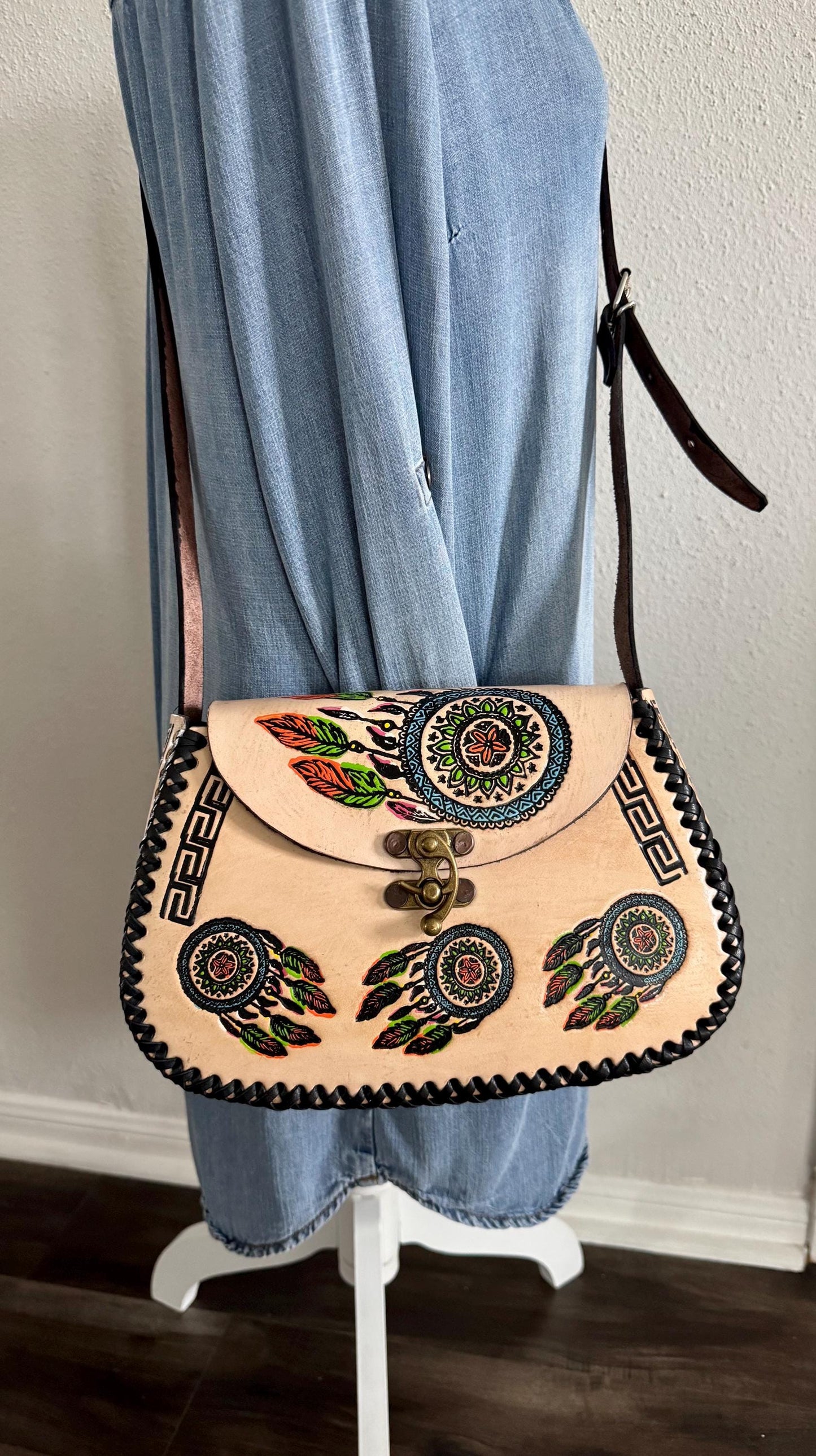 Leather Hand-Tooled Embossed Mexican Dreamcatcher Handbag / Handmade Artisan Purse/ Artesanal Bag