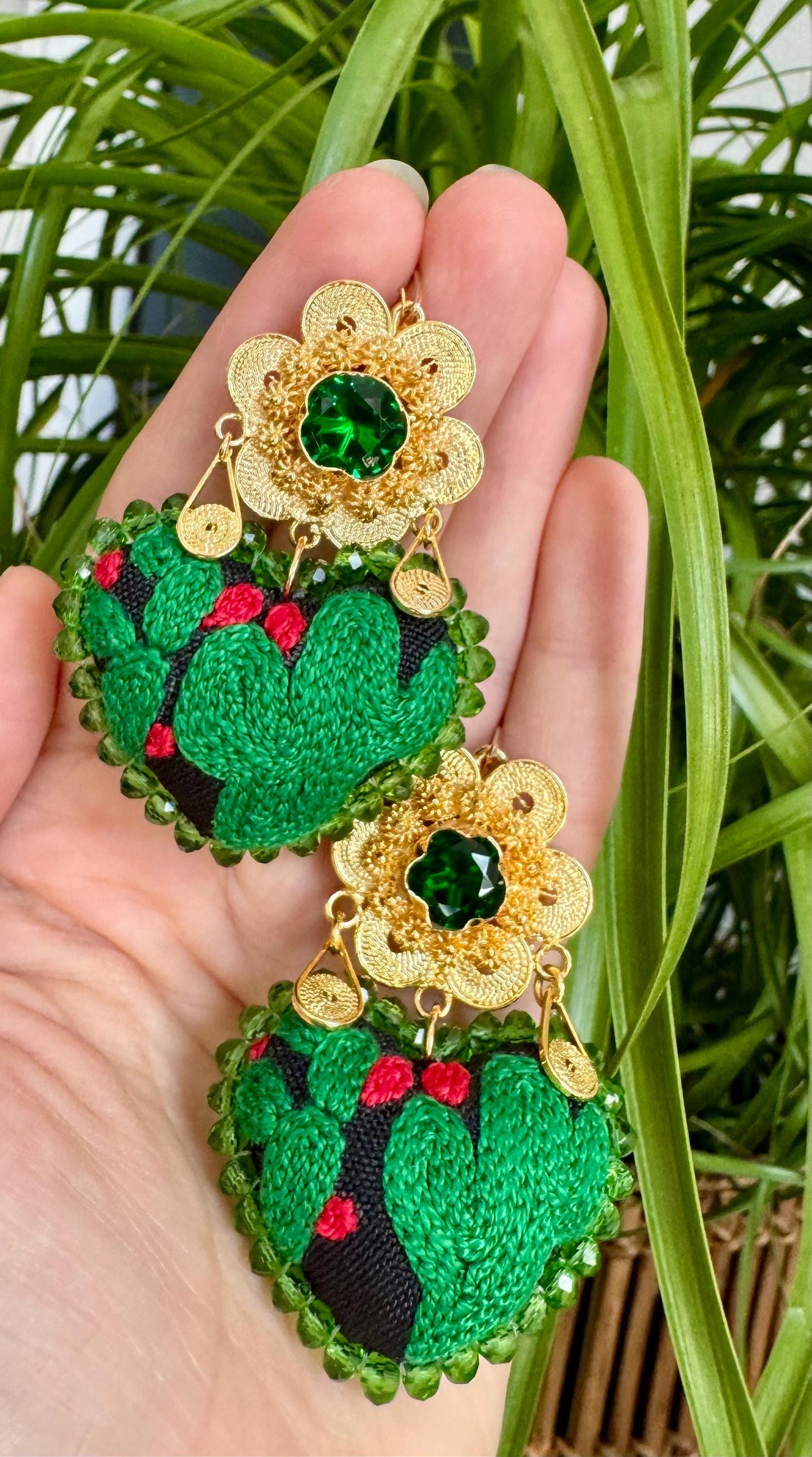 Embroidered Heart Earrings, Traditional Mexican Earrings, Cactus Earrings, Artesania Mexicana