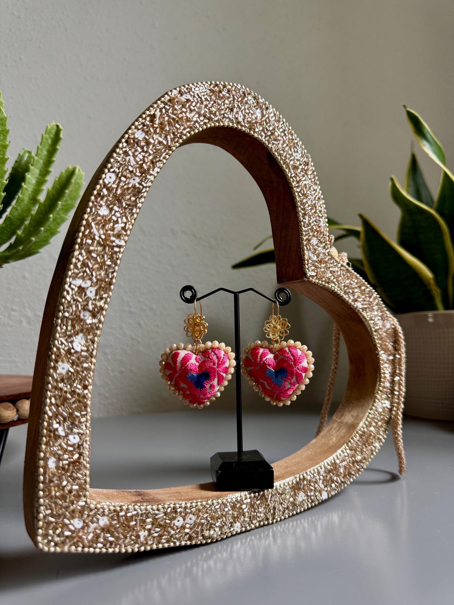 Embroidered Heart Earrings: Mexican Filigree, Beaded Floral Details