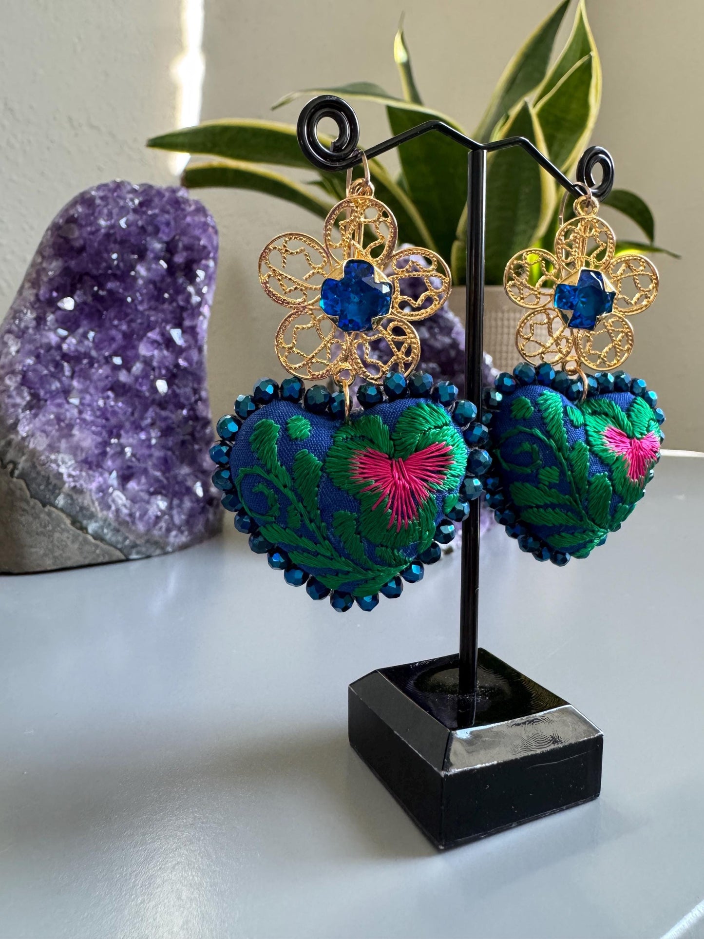 Embroidered Heart Earrings: Traditional Mexican Filigree, Beaded Floral Details