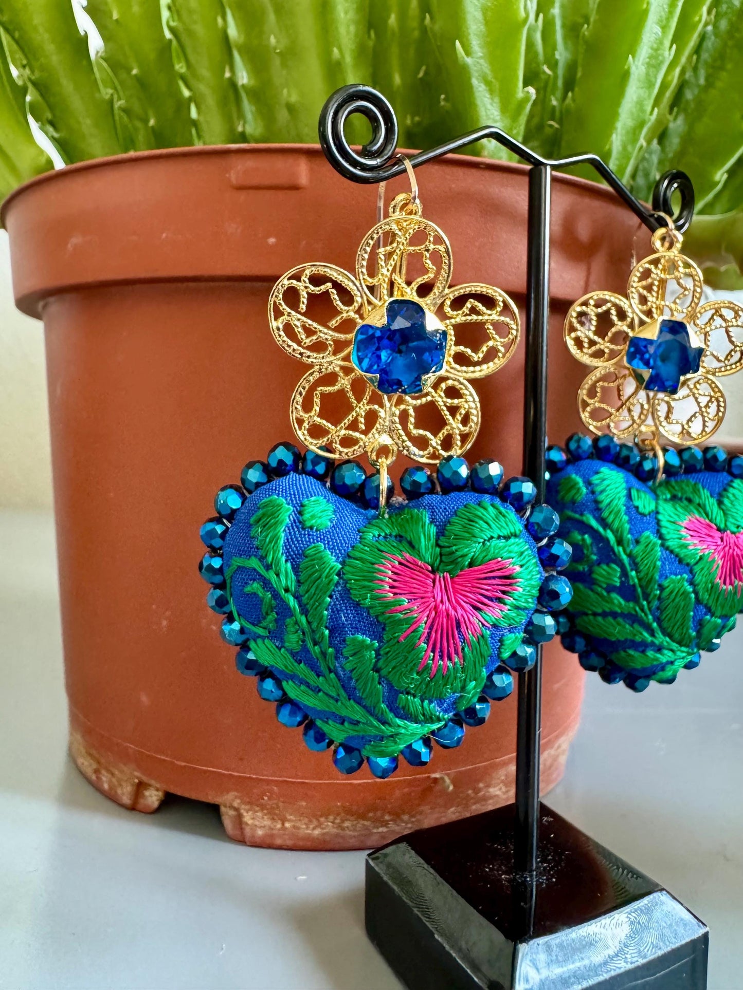 Embroidered Heart Earrings: Traditional Mexican Filigree, Beaded Floral Details