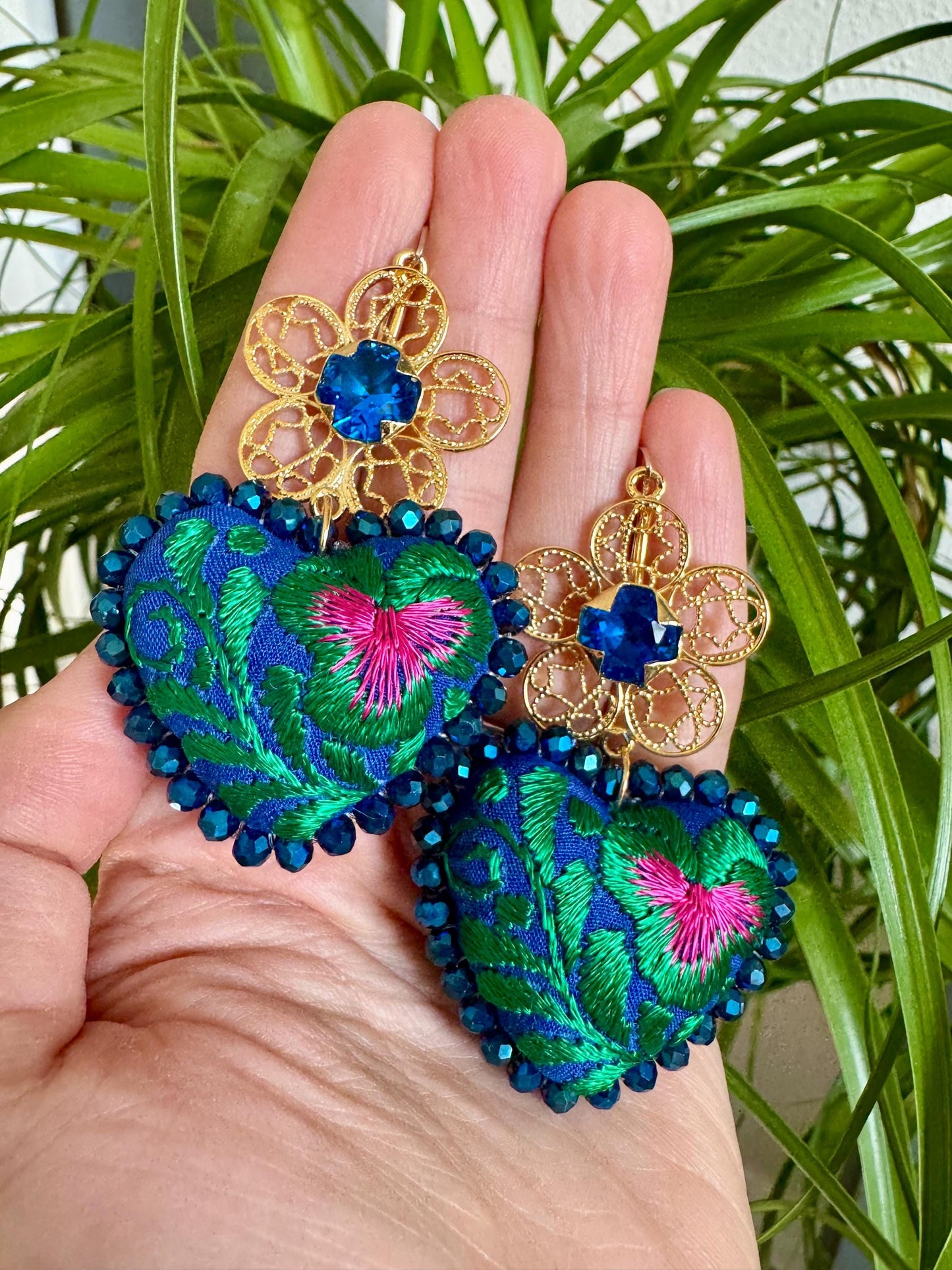 Embroidered Heart Earrings: Traditional Mexican Filigree, Beaded Floral Details