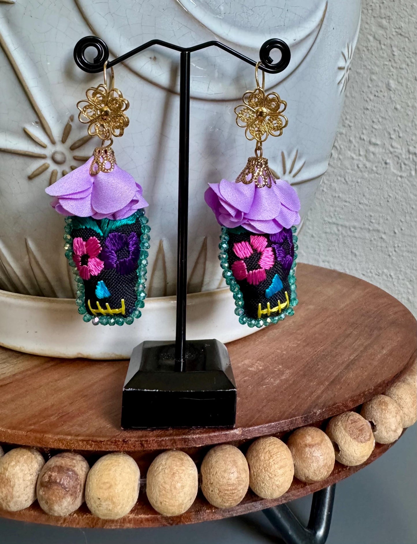 Embroidered Sugarskull Earrings, Traditional Mexican Dia De Los Muertos Joyeria, Halloween Earrings and Necklace Jewelry, Artesania Mexicana