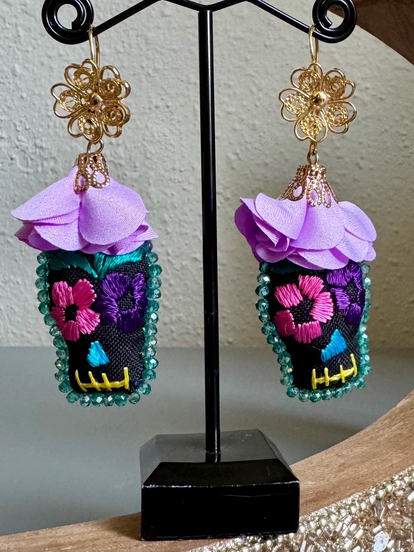 Embroidered Sugarskull Earrings, Traditional Mexican Dia De Los Muertos Joyeria, Halloween Earrings and Necklace Jewelry, Artesania Mexicana