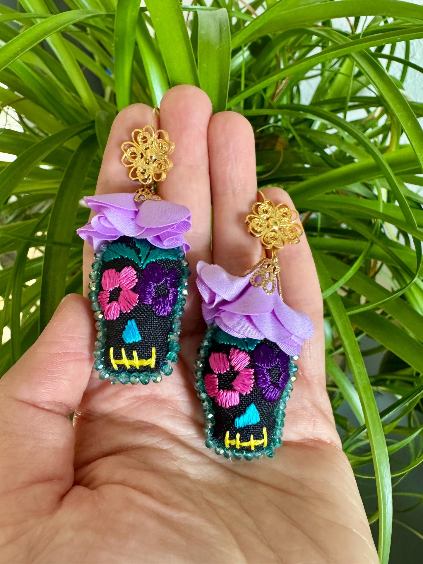Embroidered Sugarskull Earrings, Traditional Mexican Dia De Los Muertos Joyeria, Halloween Earrings and Necklace Jewelry, Artesania Mexicana