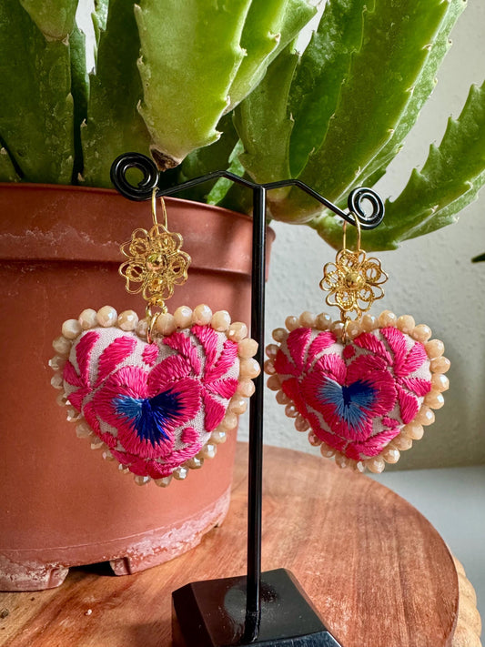 Embroidered Heart Earrings: Mexican Filigree, Beaded Floral Details