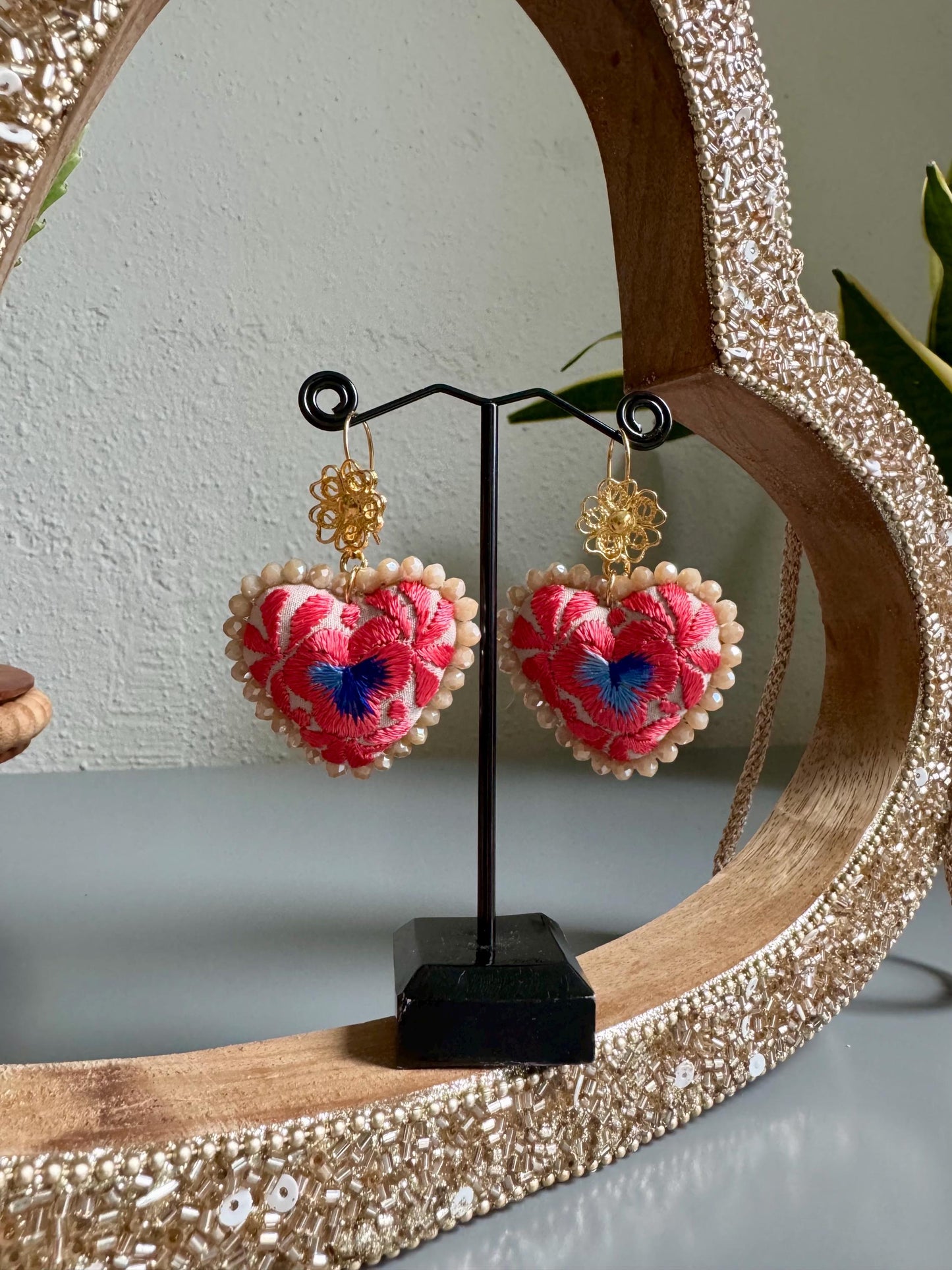 Embroidered Heart Earrings: Mexican Filigree, Beaded Floral Details