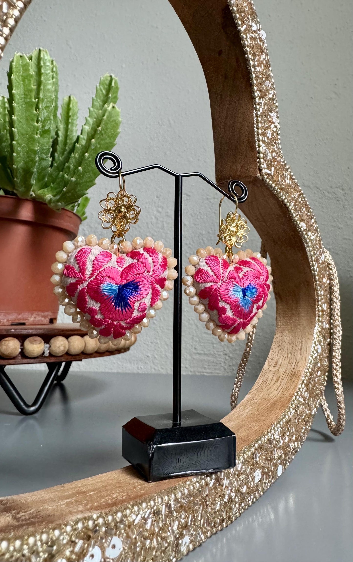 Embroidered Heart Earrings: Mexican Filigree, Beaded Floral Details