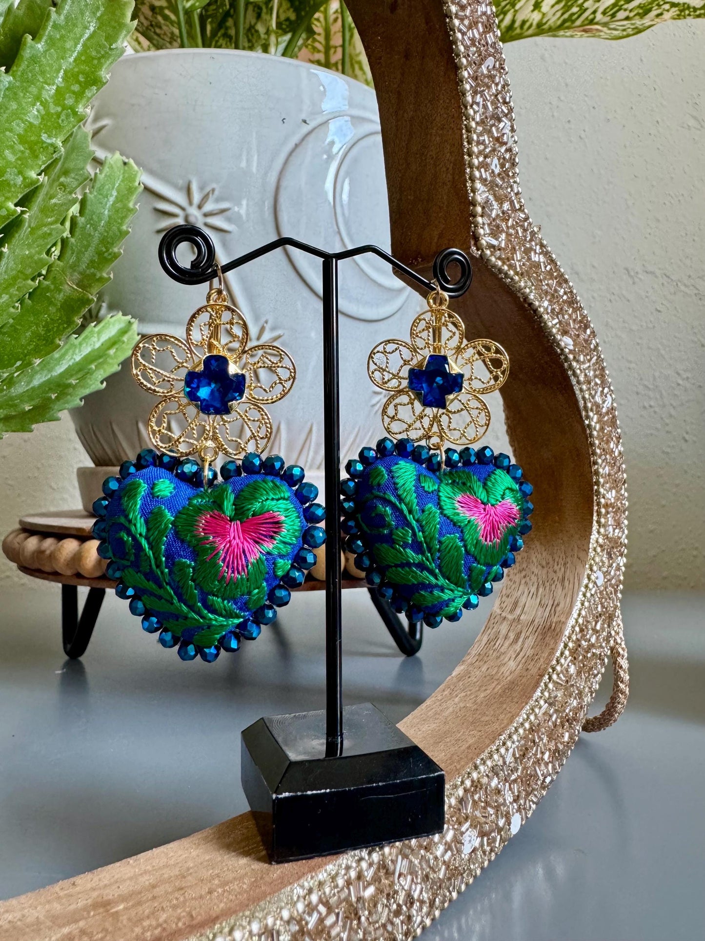 Embroidered Heart Earrings: Traditional Mexican Filigree, Beaded Floral Details