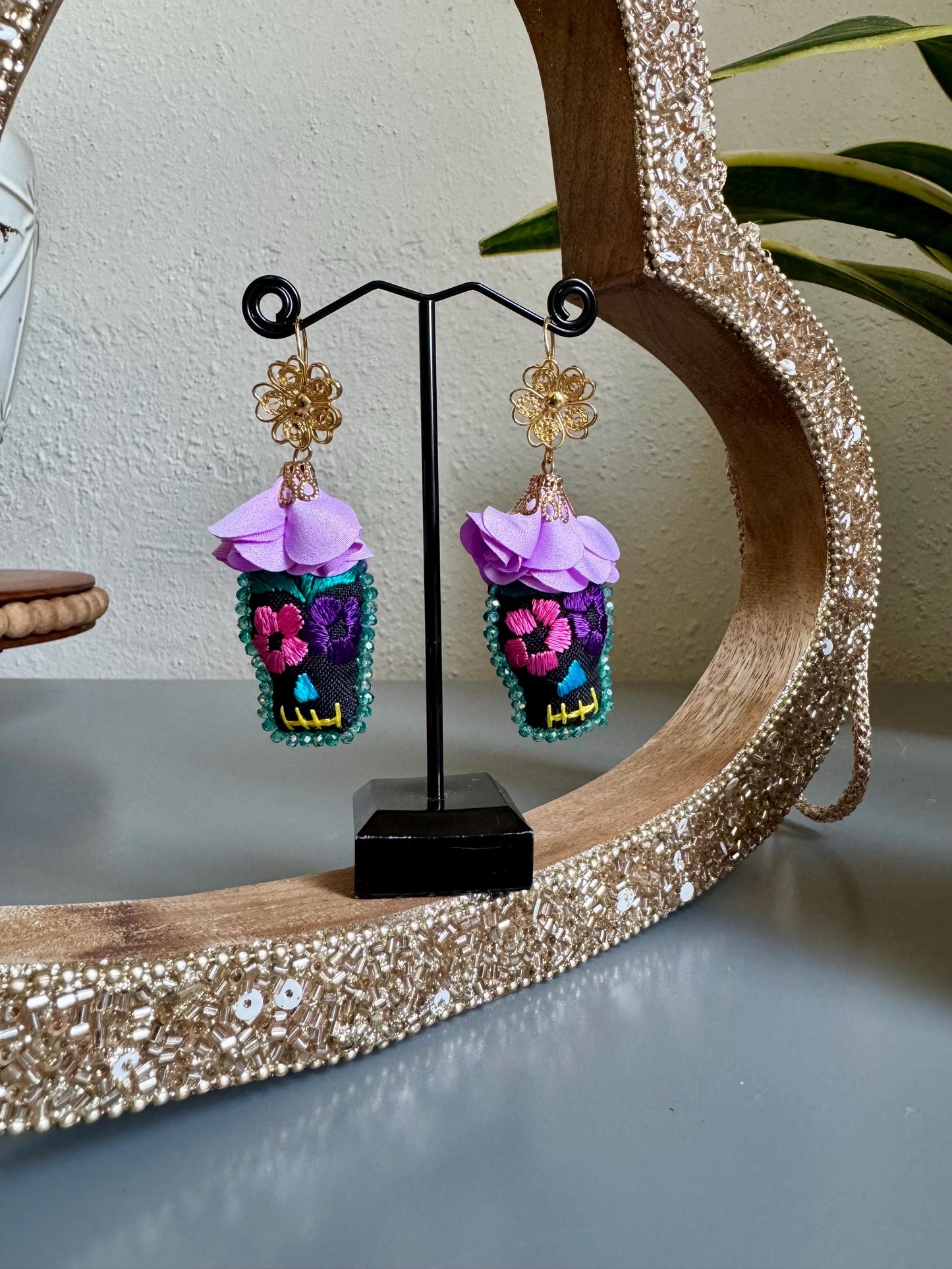 Embroidered Sugarskull Earrings, Traditional Mexican Dia De Los Muertos Joyeria, Halloween Earrings and Necklace Jewelry, Artesania Mexicana
