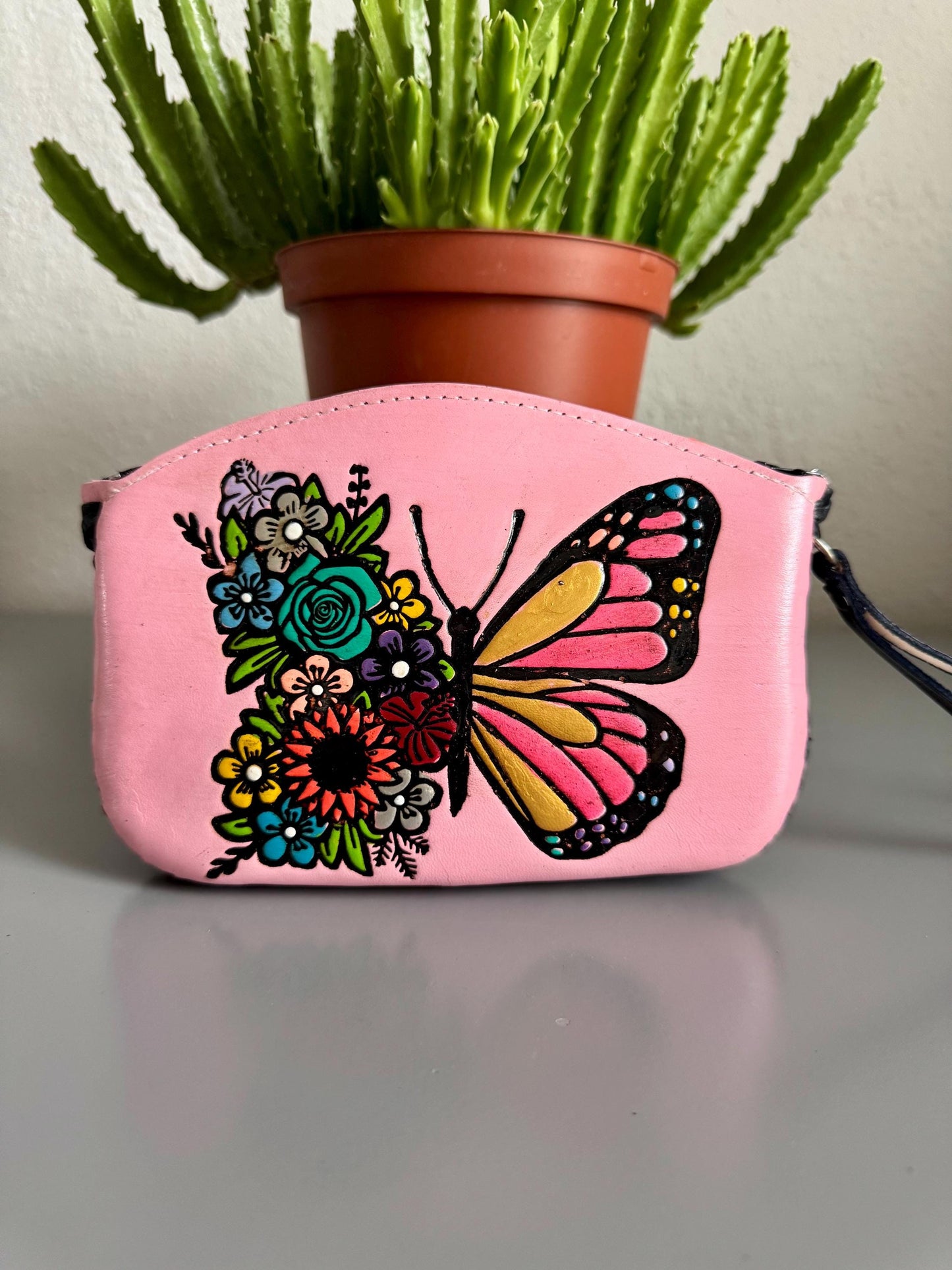 Hand-Tooled Leather Wristlet: Embossed Floral Design, Made in Mexico