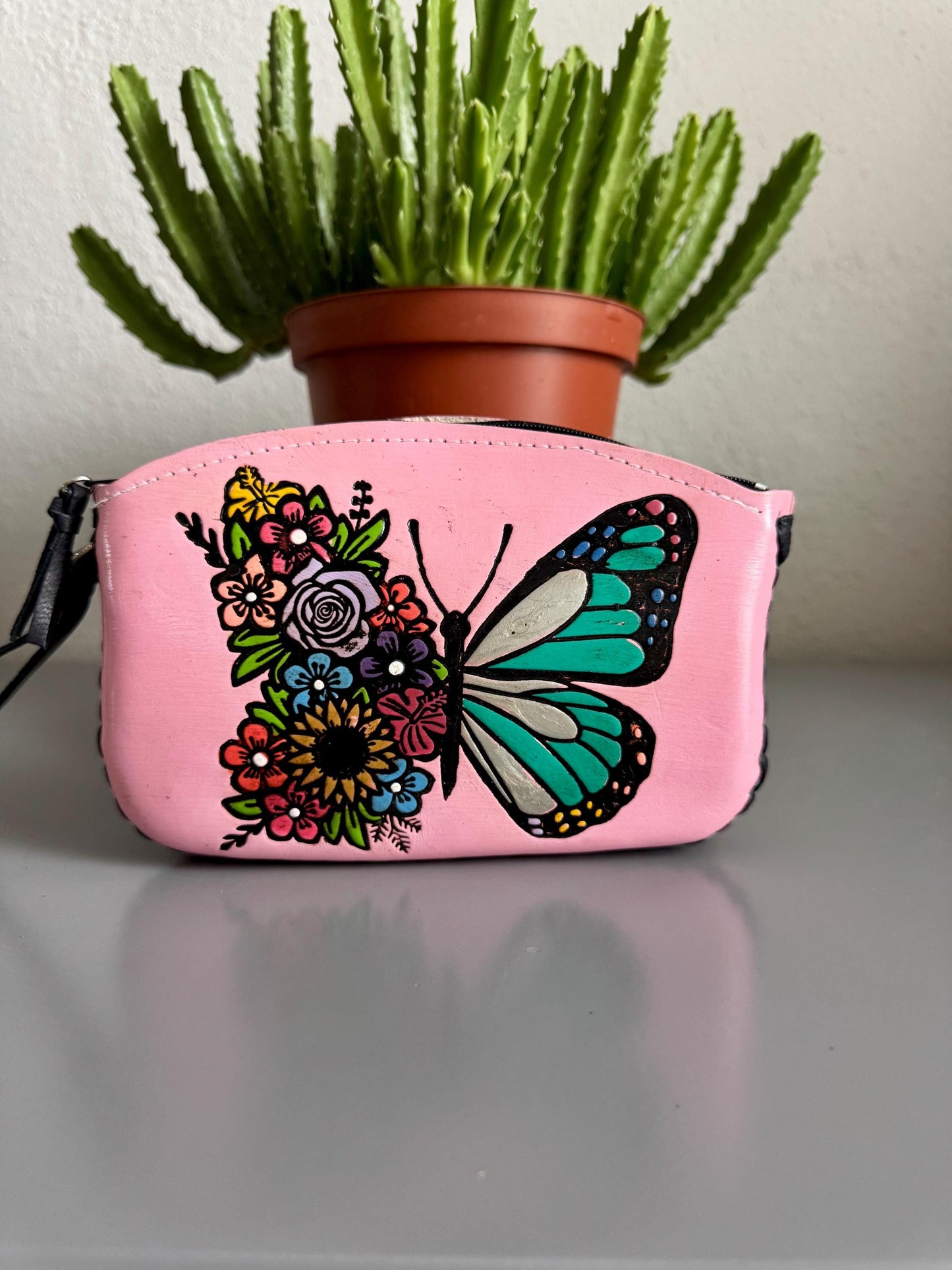 Hand-Tooled Leather Wristlet: Embossed Floral Design, Made in Mexico