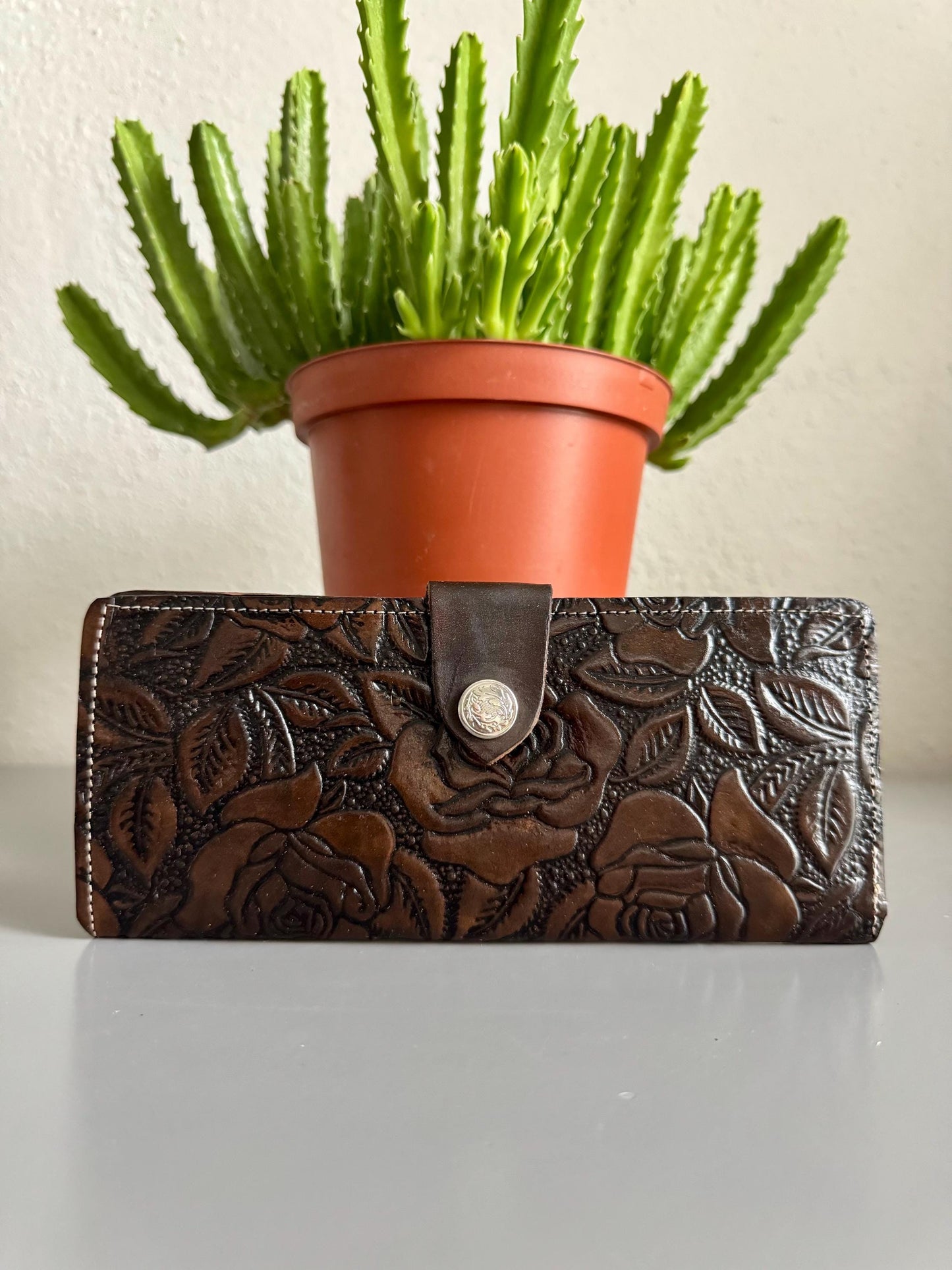 Hand Tooled Leather Wallet, Embossed Rose Design, Mexican Artisan Crafted