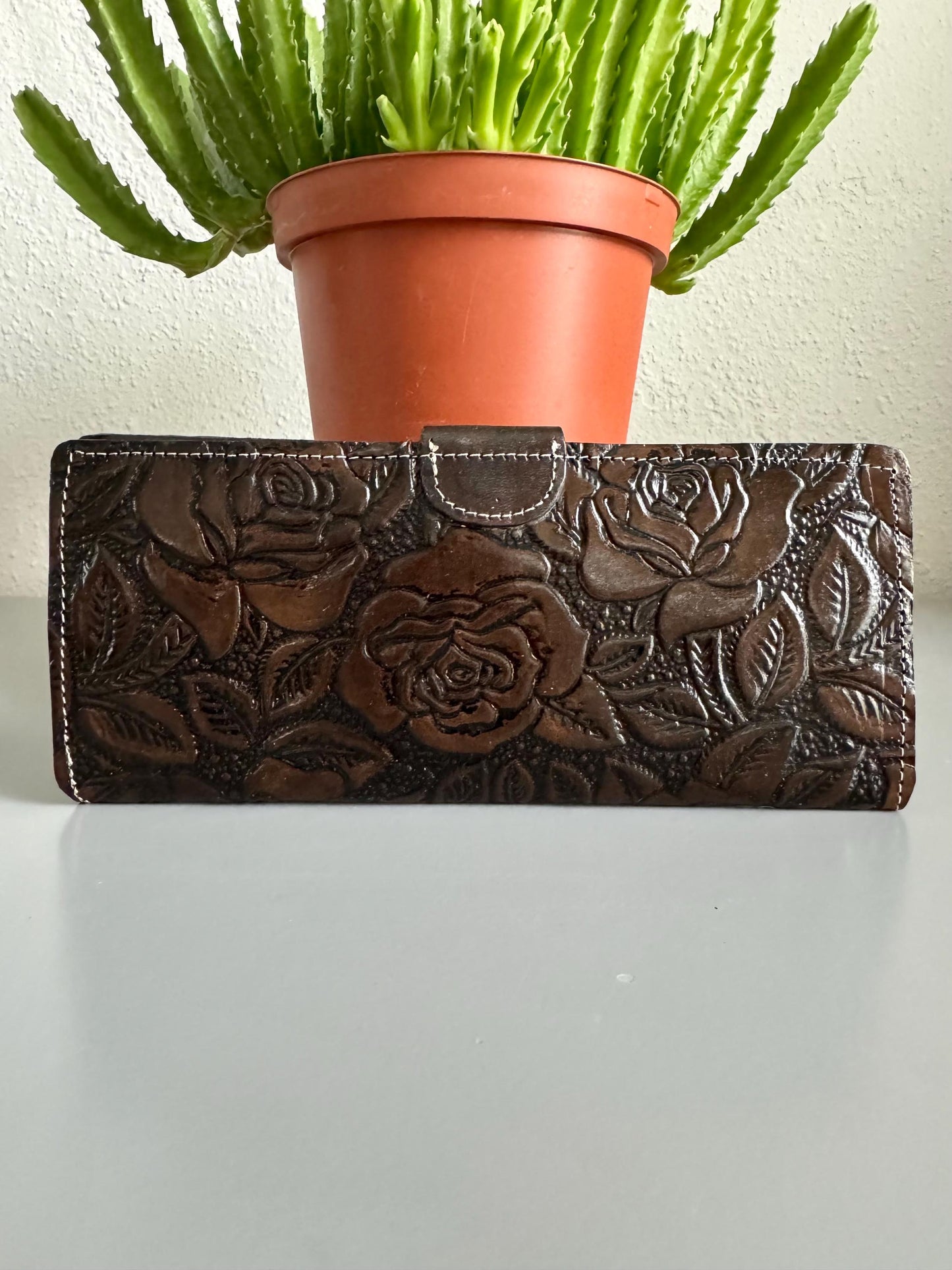 Hand Tooled Leather Wallet, Embossed Rose Design, Mexican Artisan Crafted